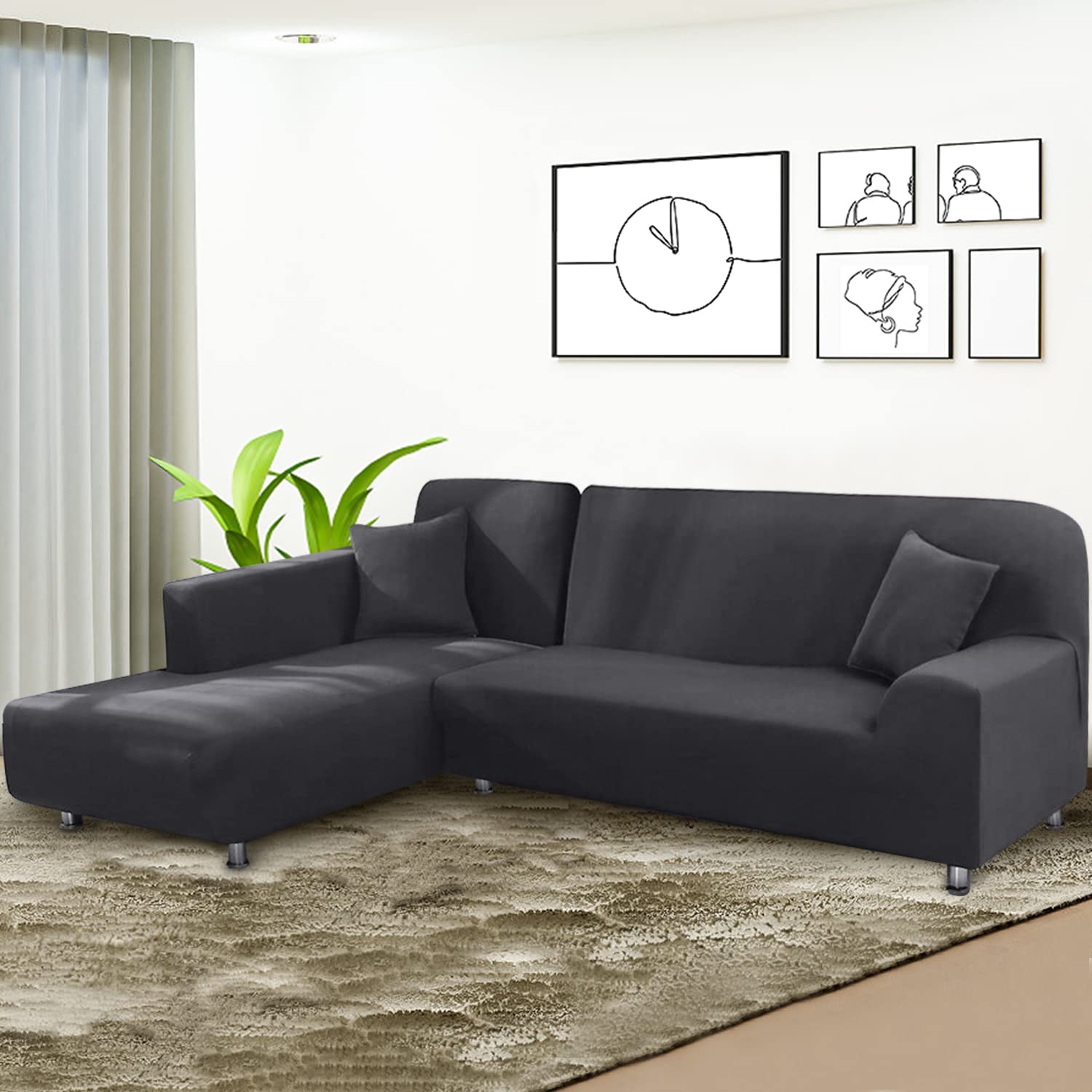 BT.WA Couch Cover L Shape Sectional Sofa Cover 2-Piece Soft Stretch Reversible Sofa Slipcover 3 Seater + 3 Seater Furniture Protector Couch Slipcover with 2Pcs Pillowcases (Dark Grey)