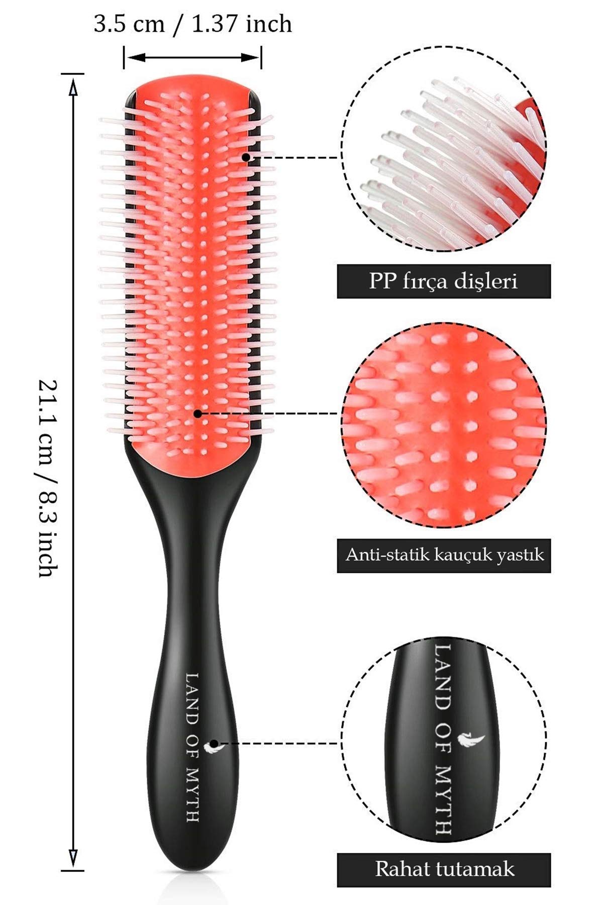 LAND OF MYTH - LOM1211 Styling Brush 9 Sıra Şekillendirme Fırçası Curly Girl Kıvırcık Kız Metodu Fırçası (Siyah)