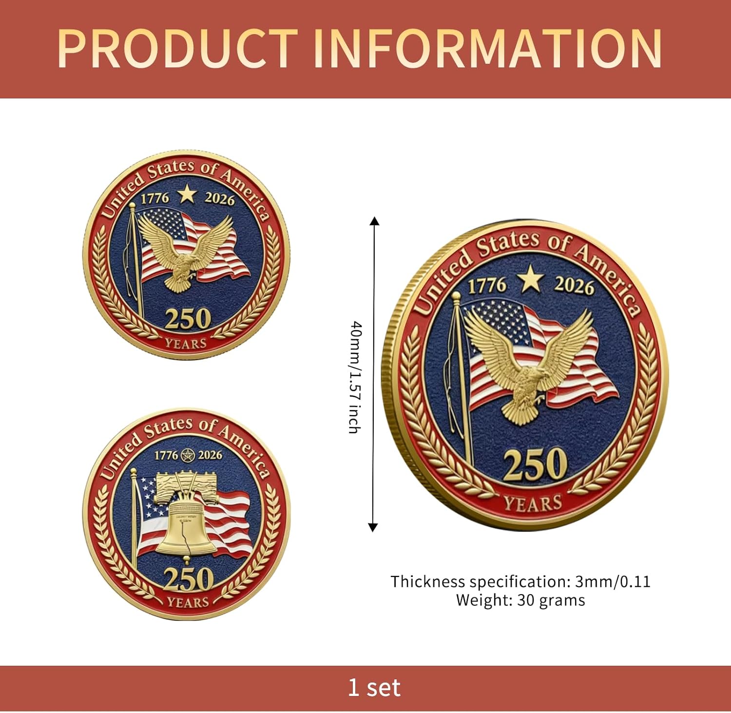 250th Anniversary Challenge Coin - 1.77 Inch Gold Plated Commemorative Coin, Durable Zinc Alloy Collectible Coin for Display, Collectors & Gift Idea (1PCS) (6)