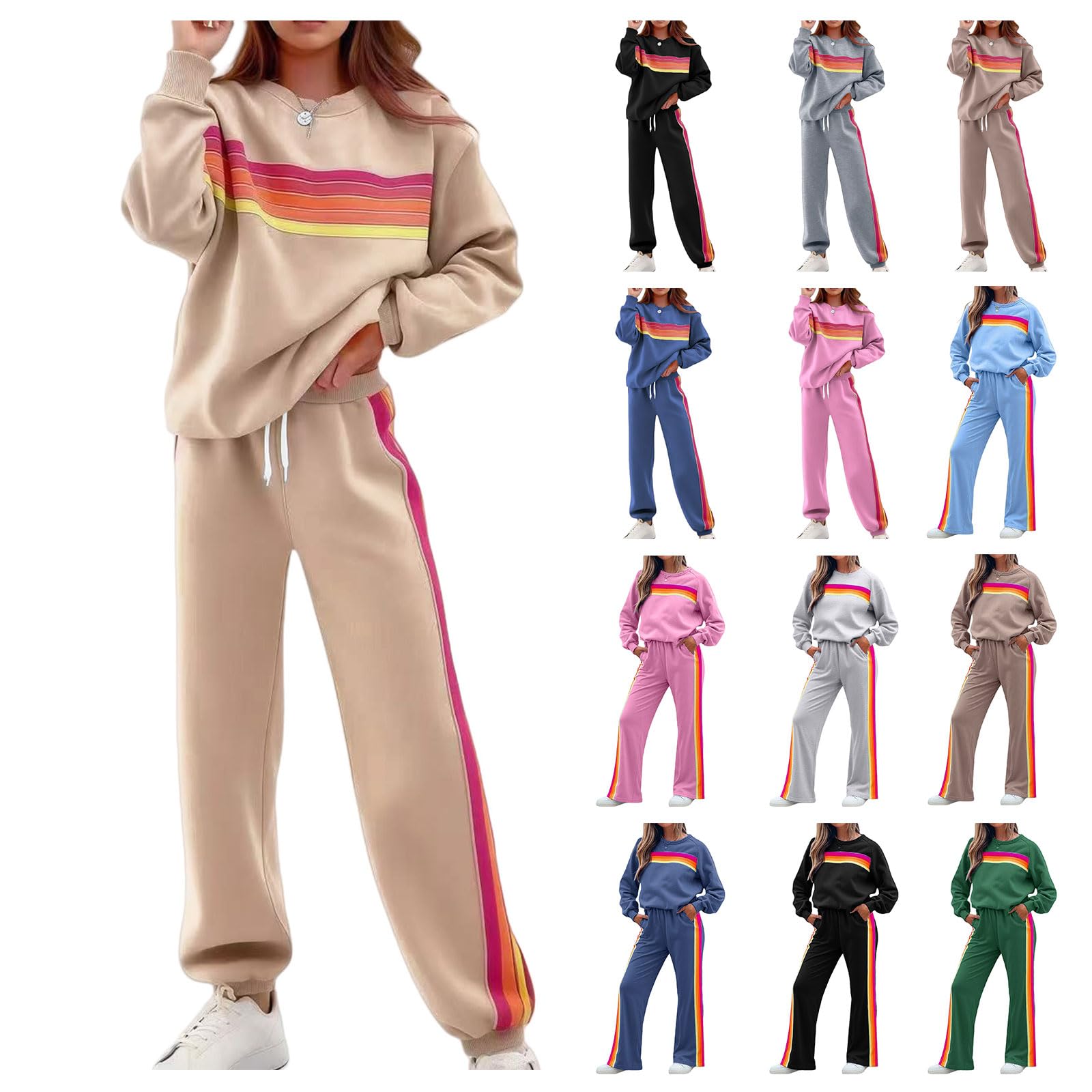 Women 2 Piece Lounge Set Rainbow Striped Sweatshirt High Waist Sweatpants Color Blocked Suit Matching Sweatsuit