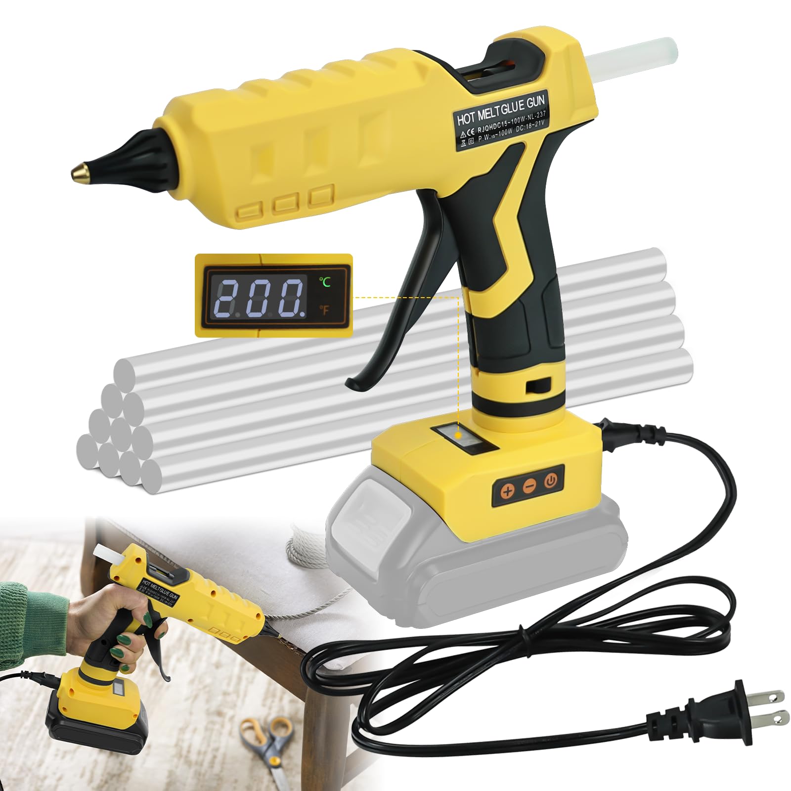 Cordless Glue Gun, for DeWalt Dual-Power Hot Glue Gun, Fast Heating 100°C-200°C Temp Adjust LCD Digital Display with Plug, 10Pcs 11mm Full Size Glue