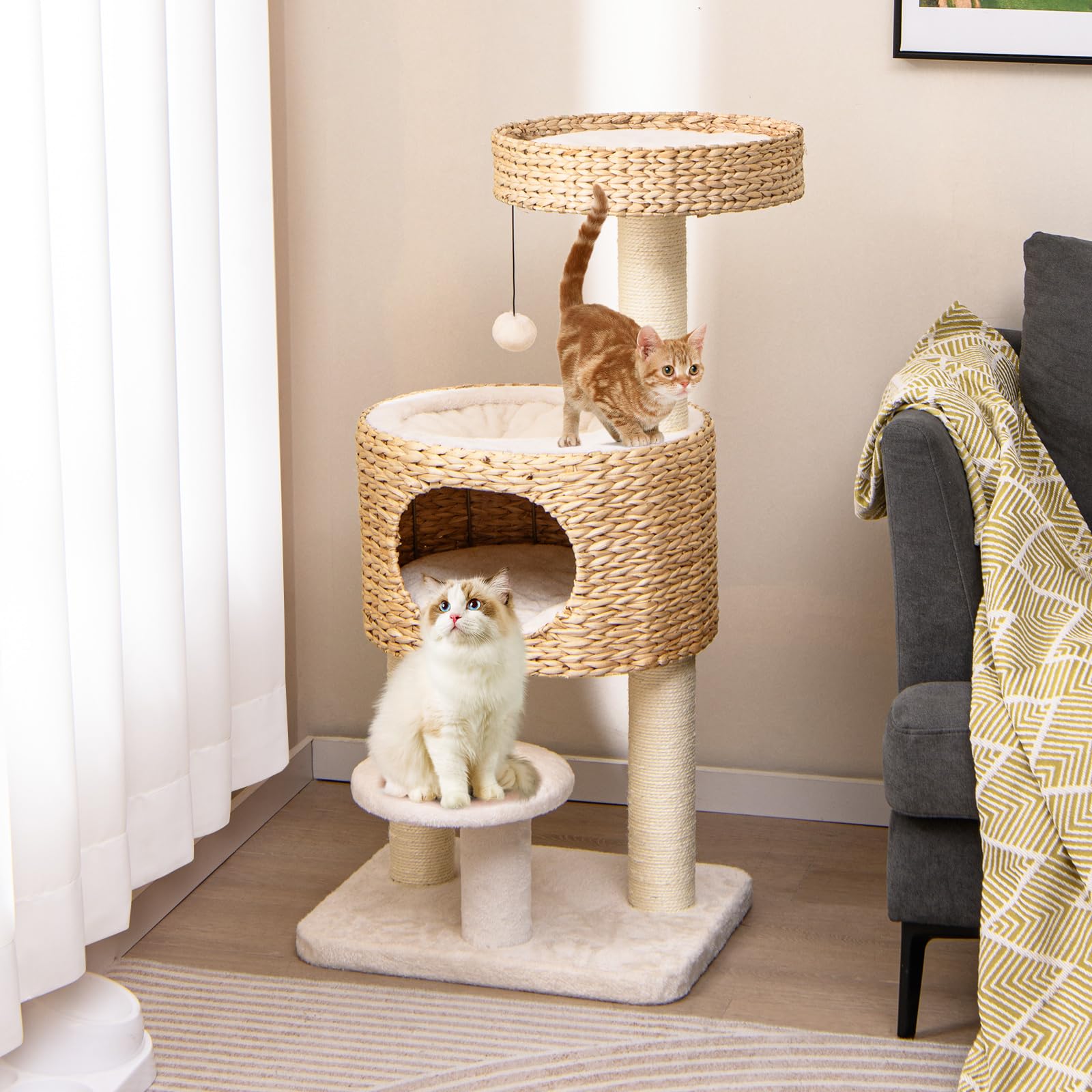 Tangkula Modern Cat Tree, 41 Inch Multi-Level Cat Tower with Cattail Fluff Condo & Top Perch, Hanging Toy, Bed, Removable Cushion, Sisal Scratching Posts for Indoor Cats, Natural