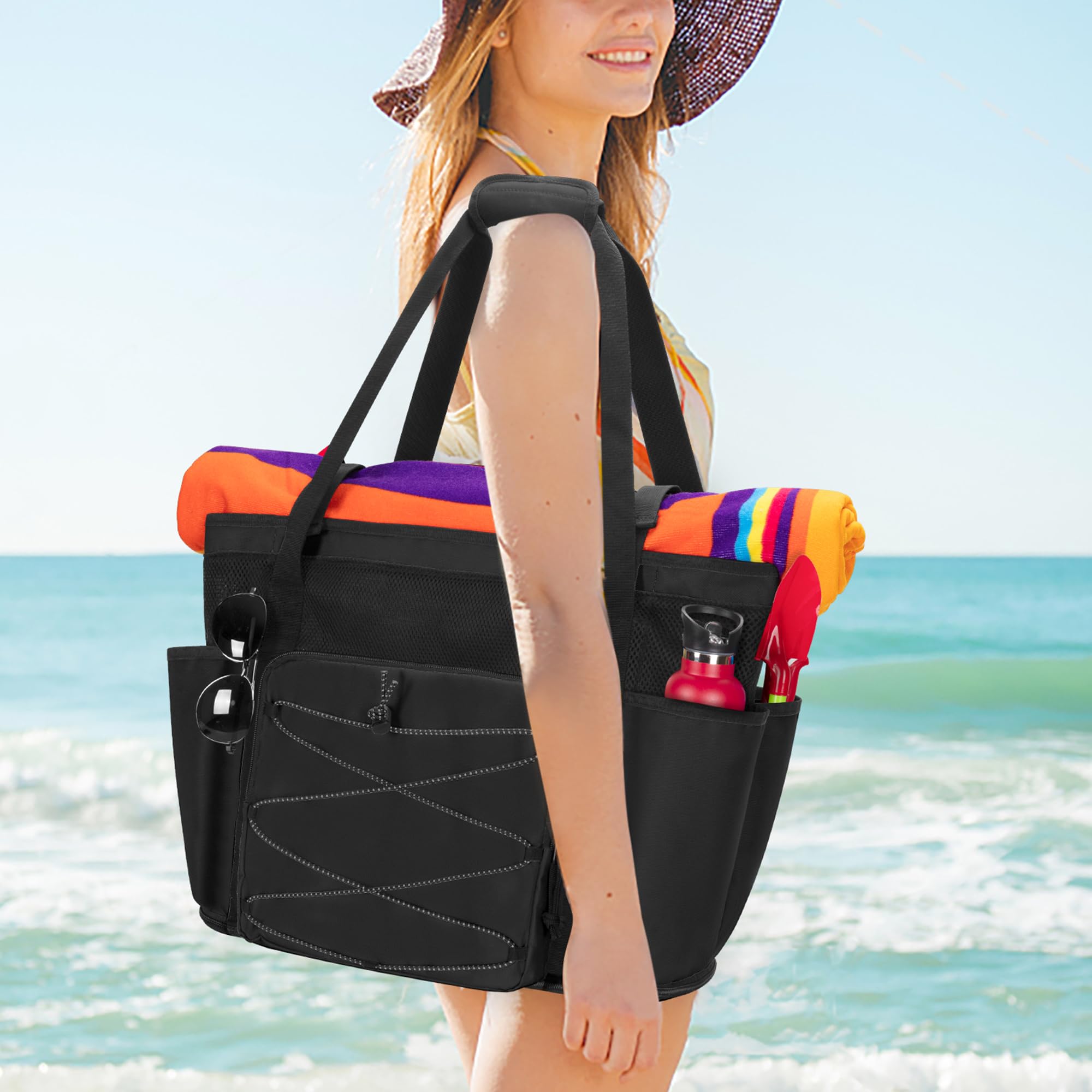 Fasrom Bolsa de playa XXL con cremallera inferior, bolsa de baño XXL familiar, bolsa de sauna para mujer grande, bolsa de natación familiar, bolsa de playa impermeable con cremallera, mochila de playa