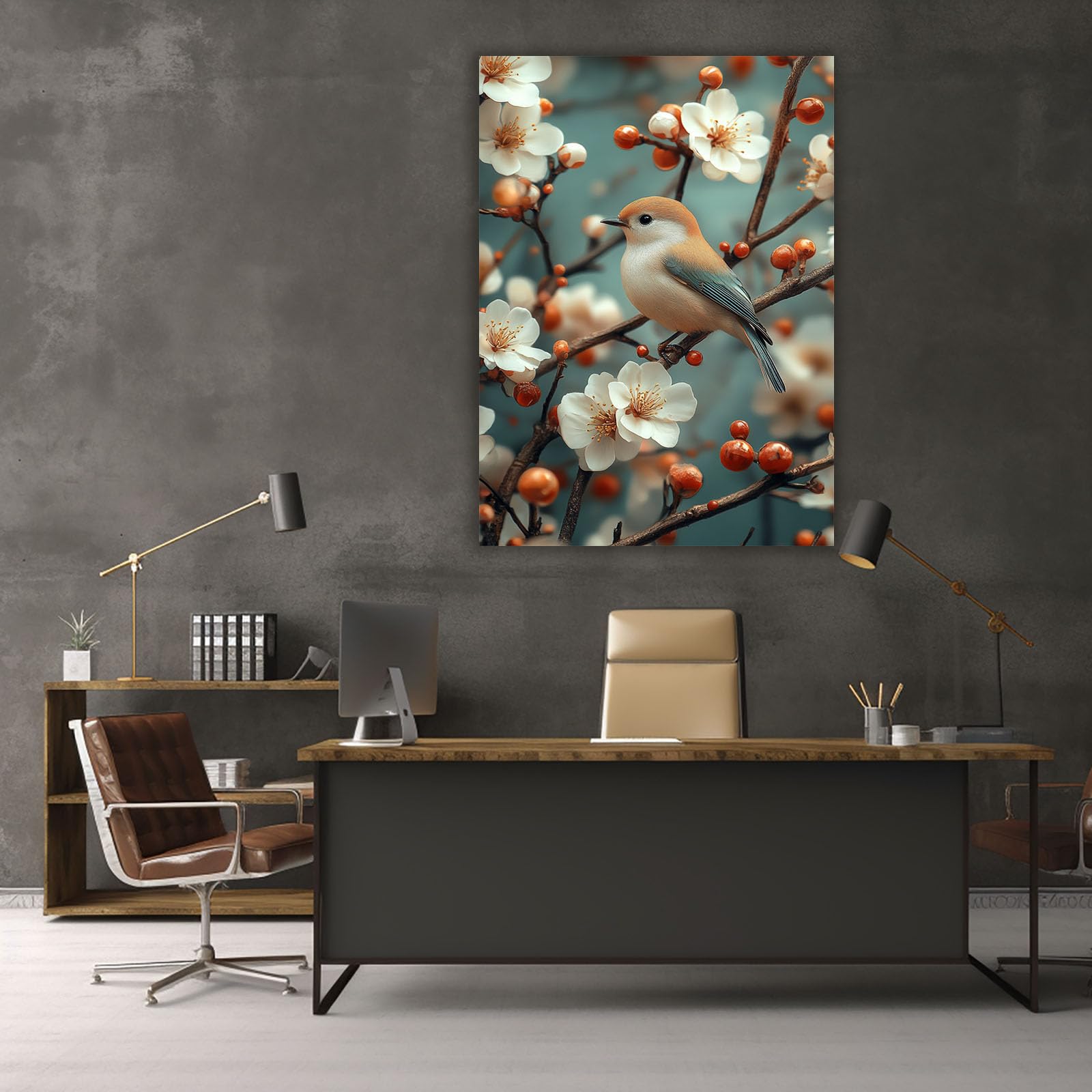 TERUEA Póster lienzo impreso con flores abstractas, Flores blancas y pájaros Cuadros para Salon Foto con Lienzo Canvas Laminas Cuadro Dormitorio（Blanco-80x120cm Enmarcado