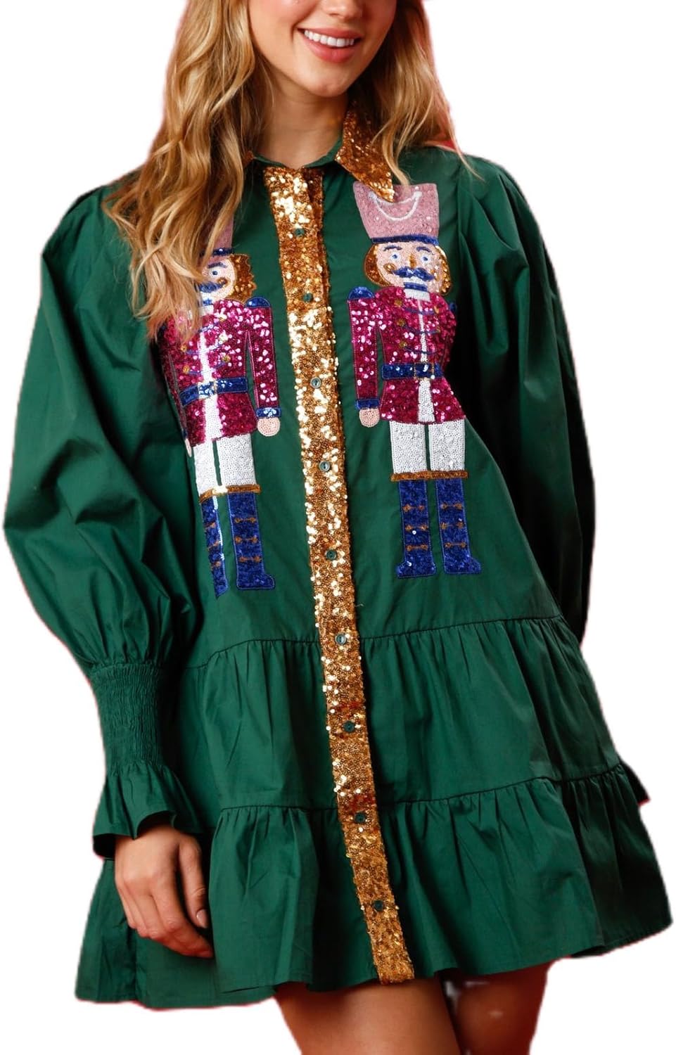 CosTribe Women Christmas Sequin Skirt Nutcracker Sweatshirt T-Shirt Dress Holiday Party Long Sleeve Santa Sweater Mini Dress