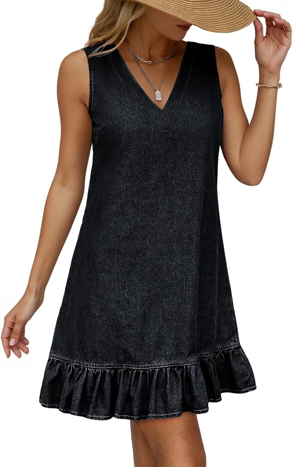 Dokotoo Denim Dress for Women Spring Summer Sleeveless V Neck Ruffle Hem Lightweight Casual A-Line Mini Jean Dresses