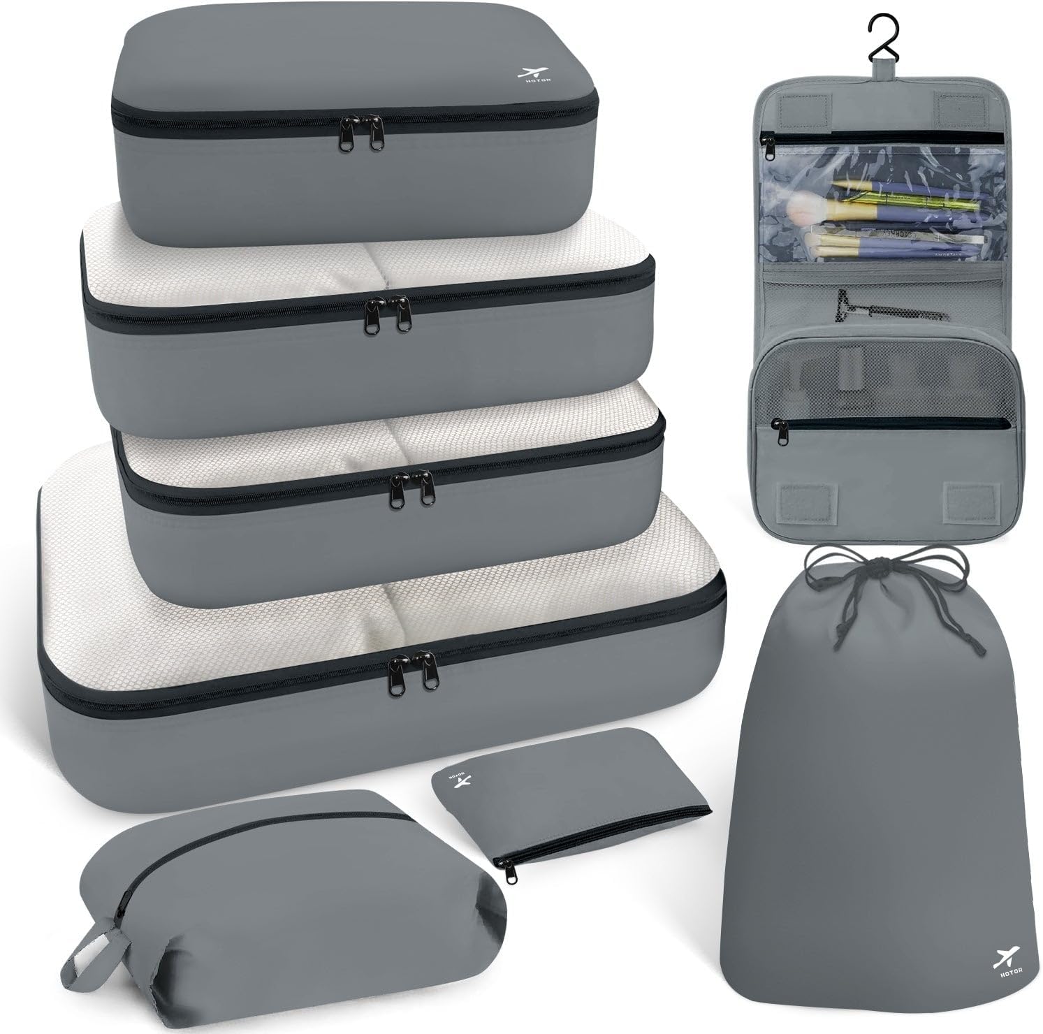 HOTOR Packing Cubes for Suitcases - 8 Pieces, Light Packing Cubes for Travel, Premium Suitcase Organizer Bags Set, Space-Saving Luggage Organizers, Travel Accessories and Essentials, Grey