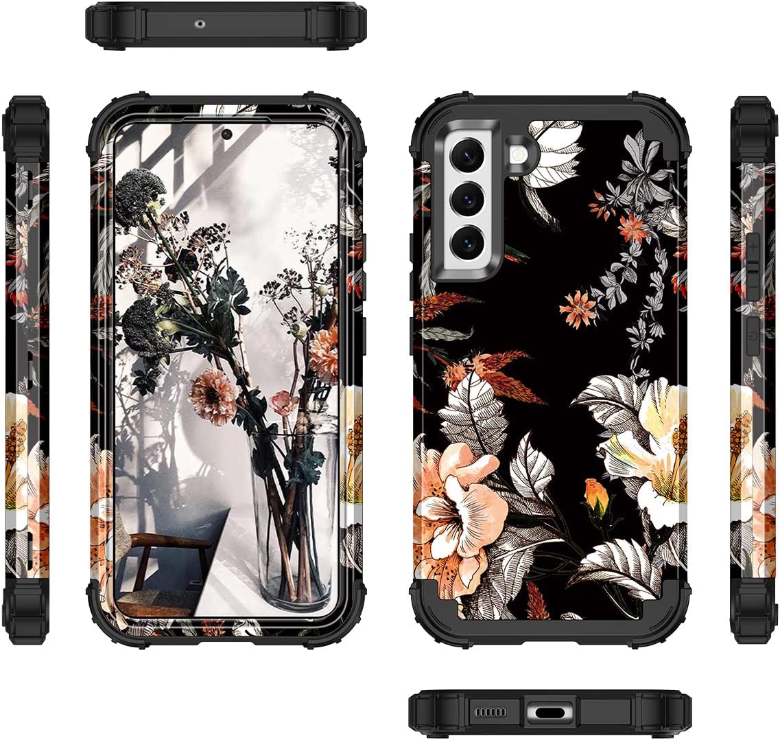 Casetego Compatible with Galaxy S22 5G Case,Floral Three Layer Heavy Duty Sturdy Shockproof Full Body Protective Cover Case for Samsung Galaxy S22 5G,Orange/Black