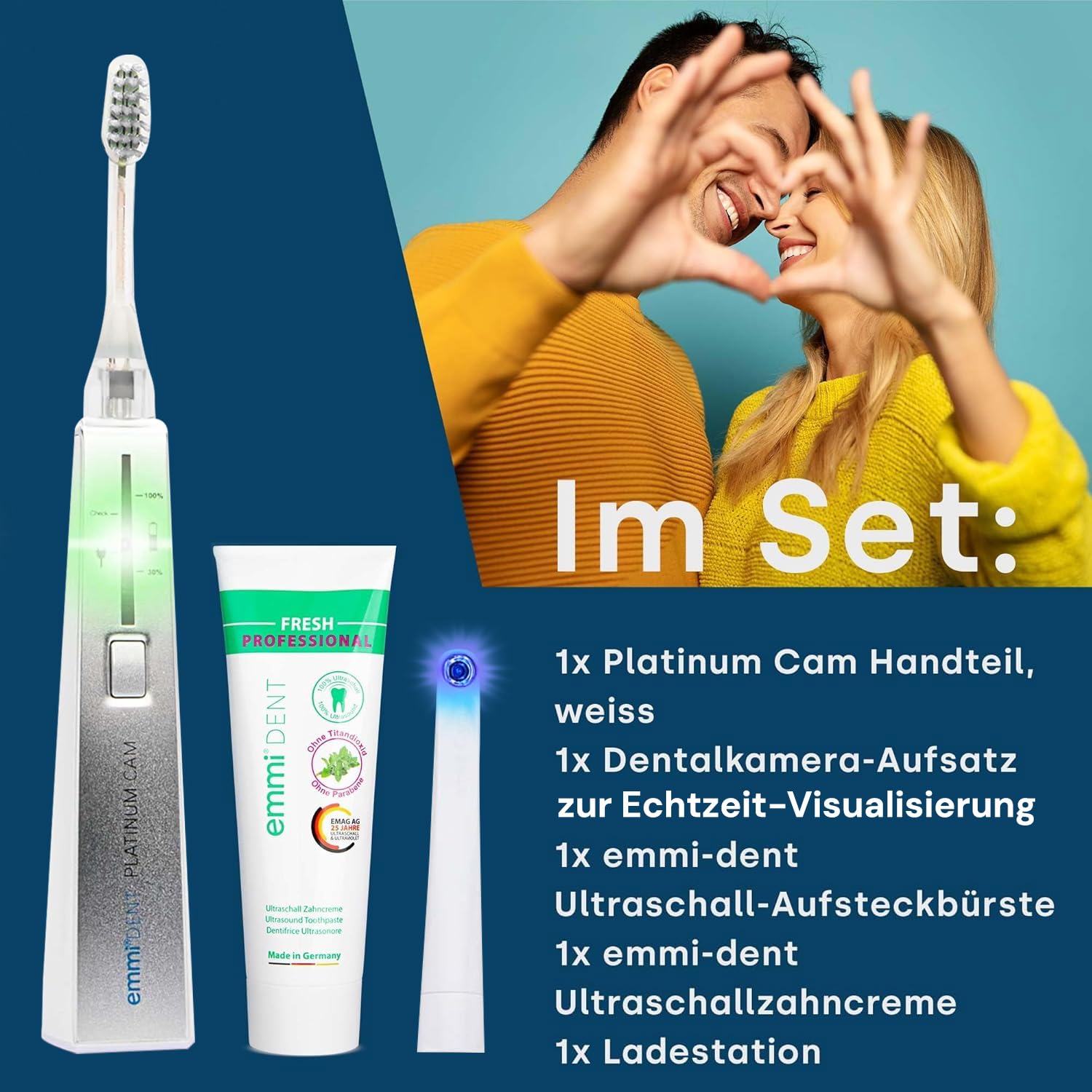 emmi-dent PLATINUM CAM Cepillo de dientes ultrasónico eléctrico (Set Premium Blanco) - Visualización y detección de problemas dentales con cámara - Ideal para dientes y encías sensibles