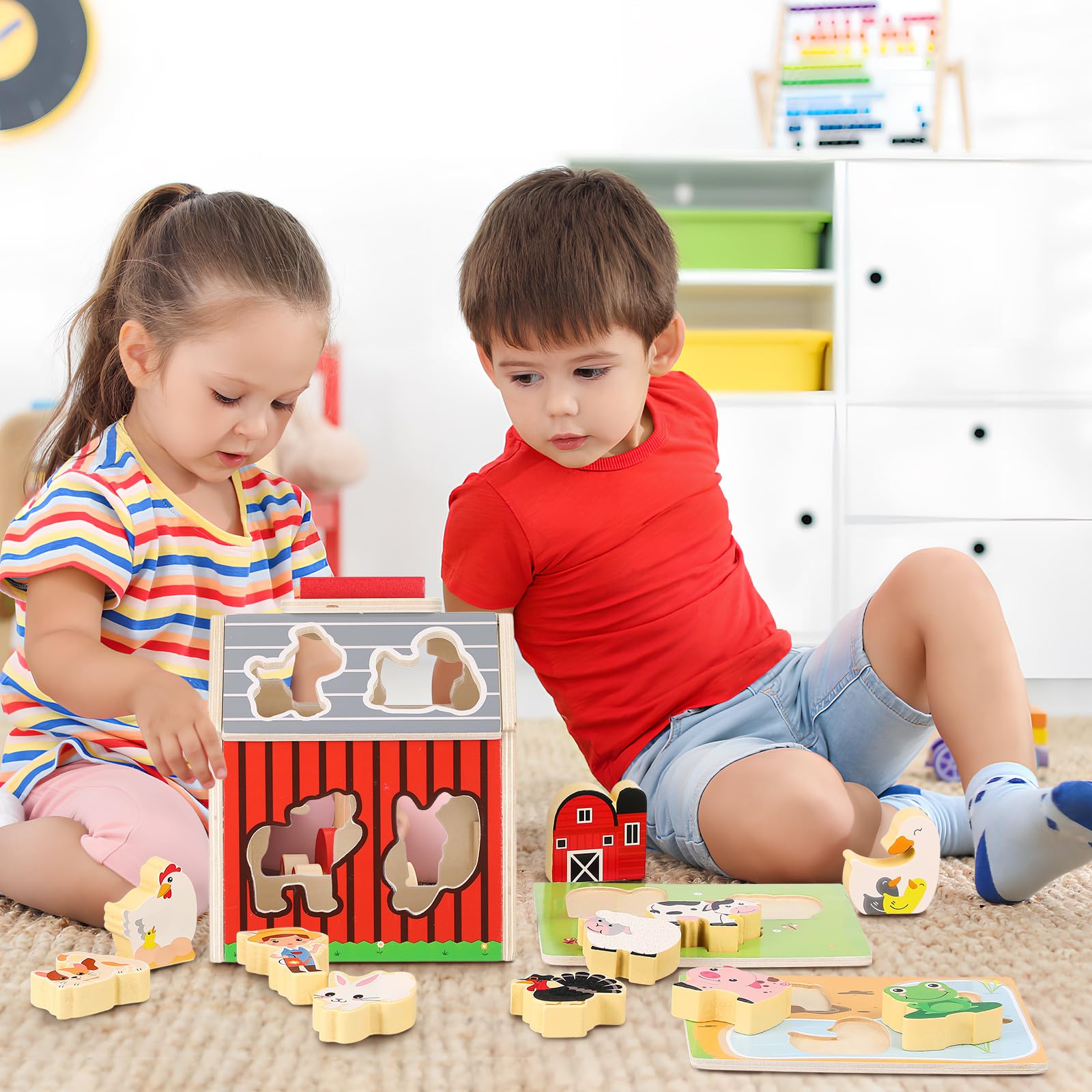 TOYANDONA 1 Set di Giocattoli di Animali da Fattoria con Fienile: Figure di Animali da Fattoria Montessori in Legno con Forma di Fienile, Giocattolo Educativo Portatile per Bambini Dai 3 Anni in su