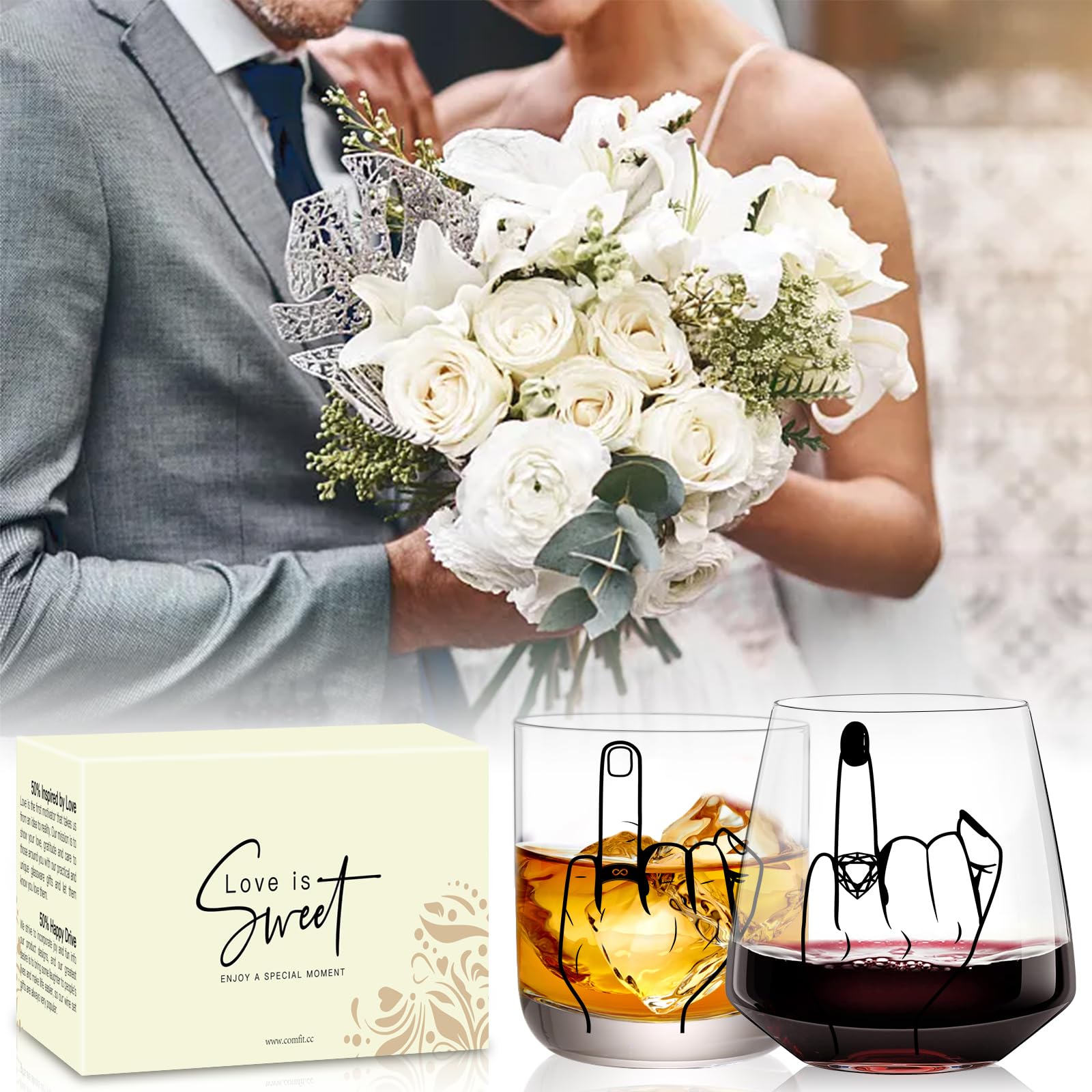 comfit Engagement Gifts for Couple, Ring Finger Wine&Whiskey Glass Set,Bride and Groom Just Married Gift, Mr and Mrs Newlyweds Bridal Shower,Valentine's Day Gift,Wedding Gifts for Couples 2026
