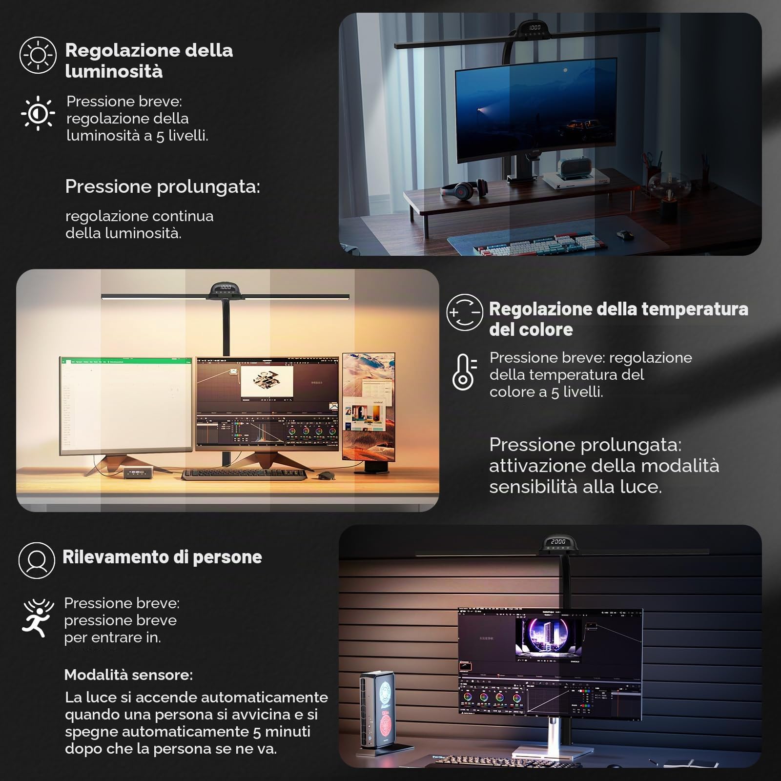 Lampada da tavolo LED da scrivania con morsetto, 90 cm, CRI≥95, 3100 K-7600 K, regolabile, luce diurna, doppia testa, lampada da scrivania, lampada da lettura, monitor con telecomando