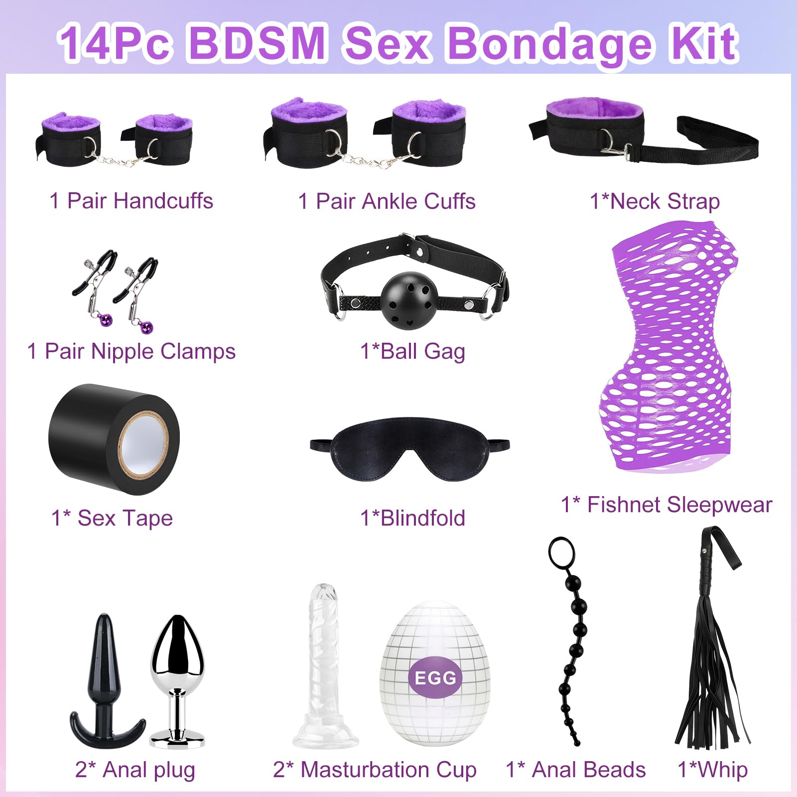 14 Piezas SM Bondage Kit Sex Toys Ninonly Kit de BDSM Juguetes Sexuales Perfecto para Parejas Set de Esclavitud BDSM Restraints Kits con Sexual Esposas para Principiantes y Experimentados Púrpura