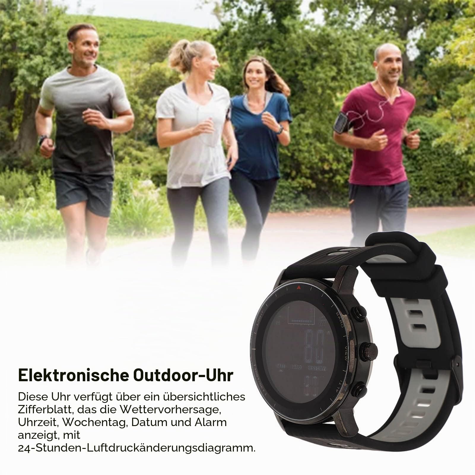 Qcwwy Outdoor-Sportuhr, Höhenmesser, EL-Hintergrundbeleuchtung, Temperaturmesser, 10 ATM, wasserdichte Digitale Armbanduhr, Knopfbatterie Zum Angeln, Wandern (Schwarzgrau)