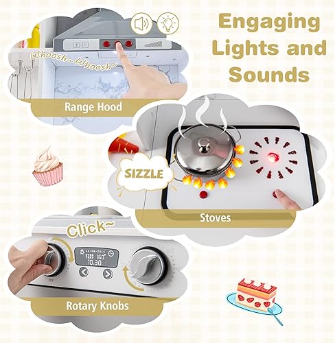 Miniatura 3 de Costzon Cocina de esquina para niños, juego de cocina de madera con circulación de agua, luces y sonidos reales, microondas, campana extractora,