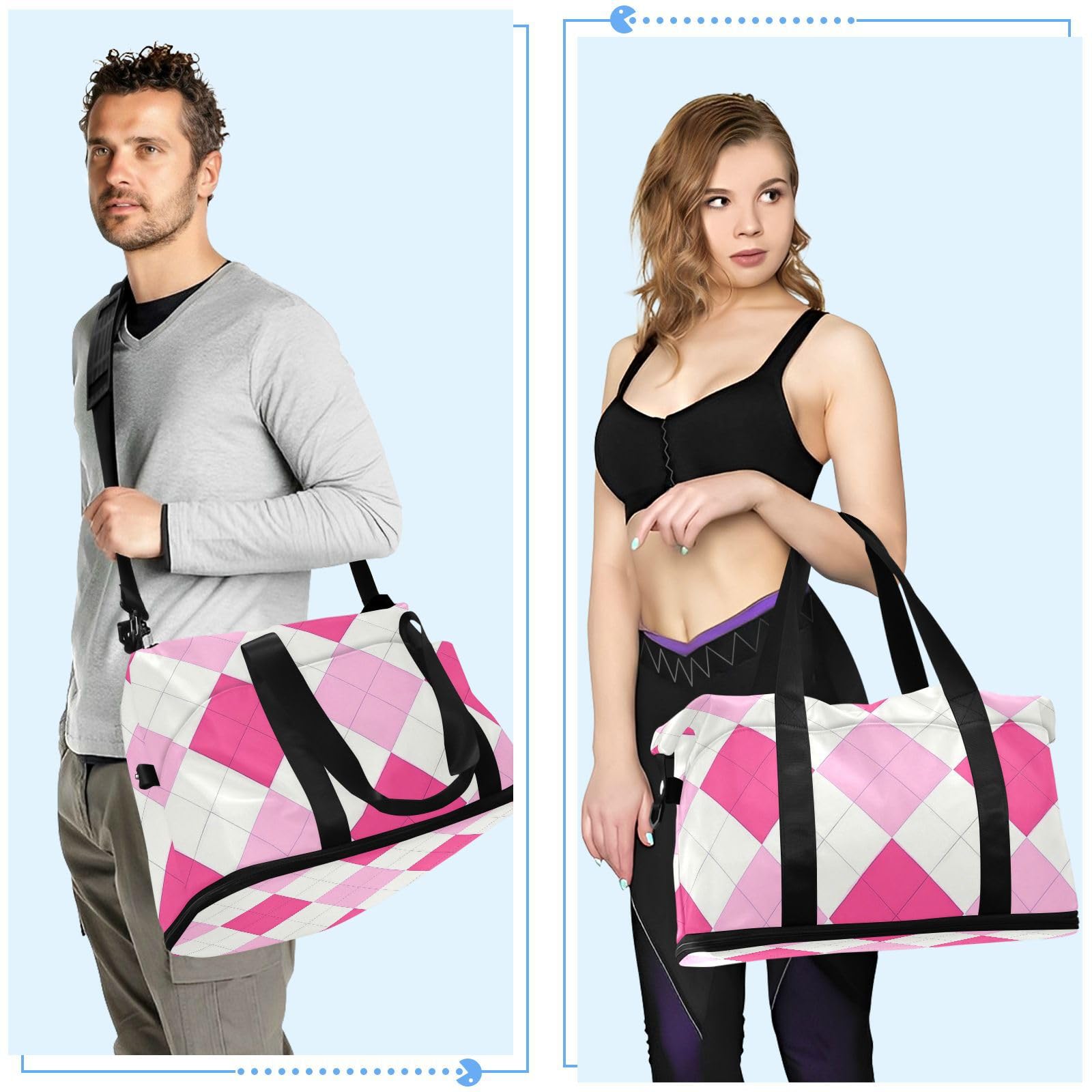 Bolsa de viaje a cuadros magenta con bolsillo húmedo y correa ajustable para viajes, juego de 2 piezas para hombres y mujeres