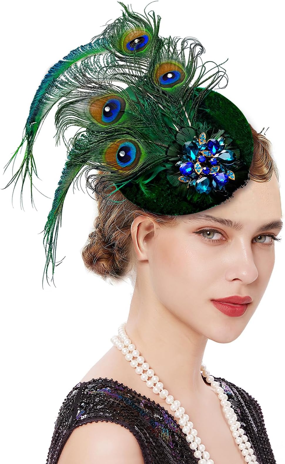 Peacock Feather Fascinator Hats for Women Headband Clip Crystal Deco 1920s Flapper Feather Pillbox Hat Costume Headpiece Green