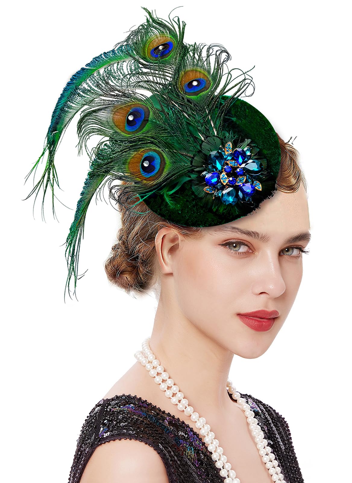Z&X Peacock Feather Fascinator Hats for Women Headband Clip Crystal Deco 1920s Flapper Feather Pillbox Hat Costume Headpiece Green