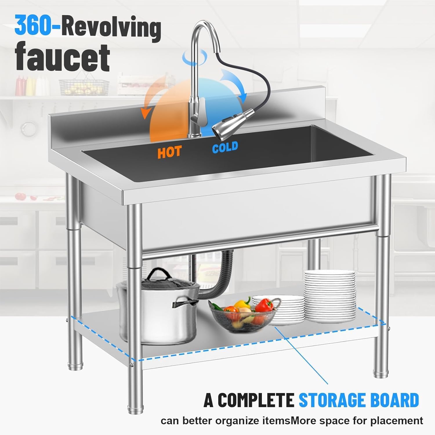 40“ Stainless Steel Utility Sink,Size 39.37"*23.6"*31.5",Hot and Cold Dual Water Pull-out Faucet With Three Water Outlet Modes,Suitable For use in Kitchens, Bathrooms, Outdoor Sinks.