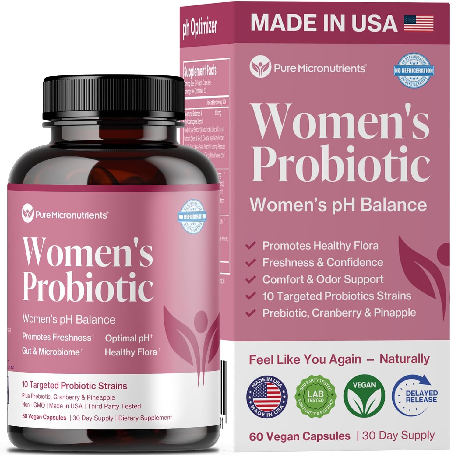 pH Balance Vaginal Probiotics for Women - Odor & Itch Support - Vaginal Health Pills with Cranberry, Lactobacillus & Prebiotics - Feminine Wellness Daily Supplement - 60 Capsules