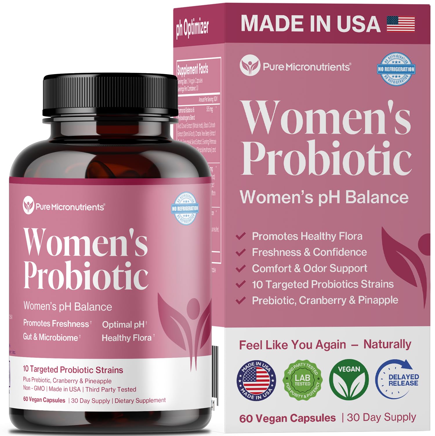 Pure Micronutrients pH Balance Vaginal Probiotics for Women - Odor & Itch Support - Vaginal Health Pills with Cranberry, Lactobacillus & Prebiotics - Feminine Wellness Daily Supplement - 60 Capsules