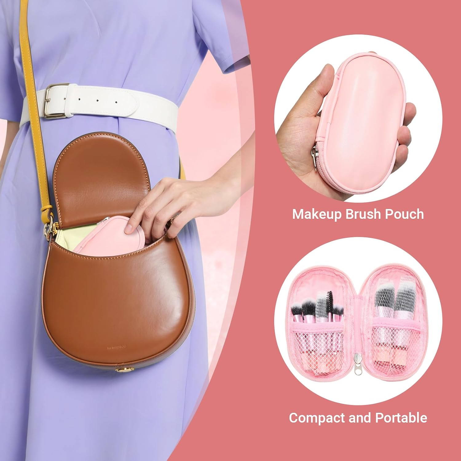 10 Pcs Mini Travel Makeup Brush Set with Pouch, Foundation, Eyeshadow, Blush, Highlighter, Angled Brow & Mascara Brushes - Soft Synthetic Fiber Brushes for On-The-Go & Daily Makeup (Pink)