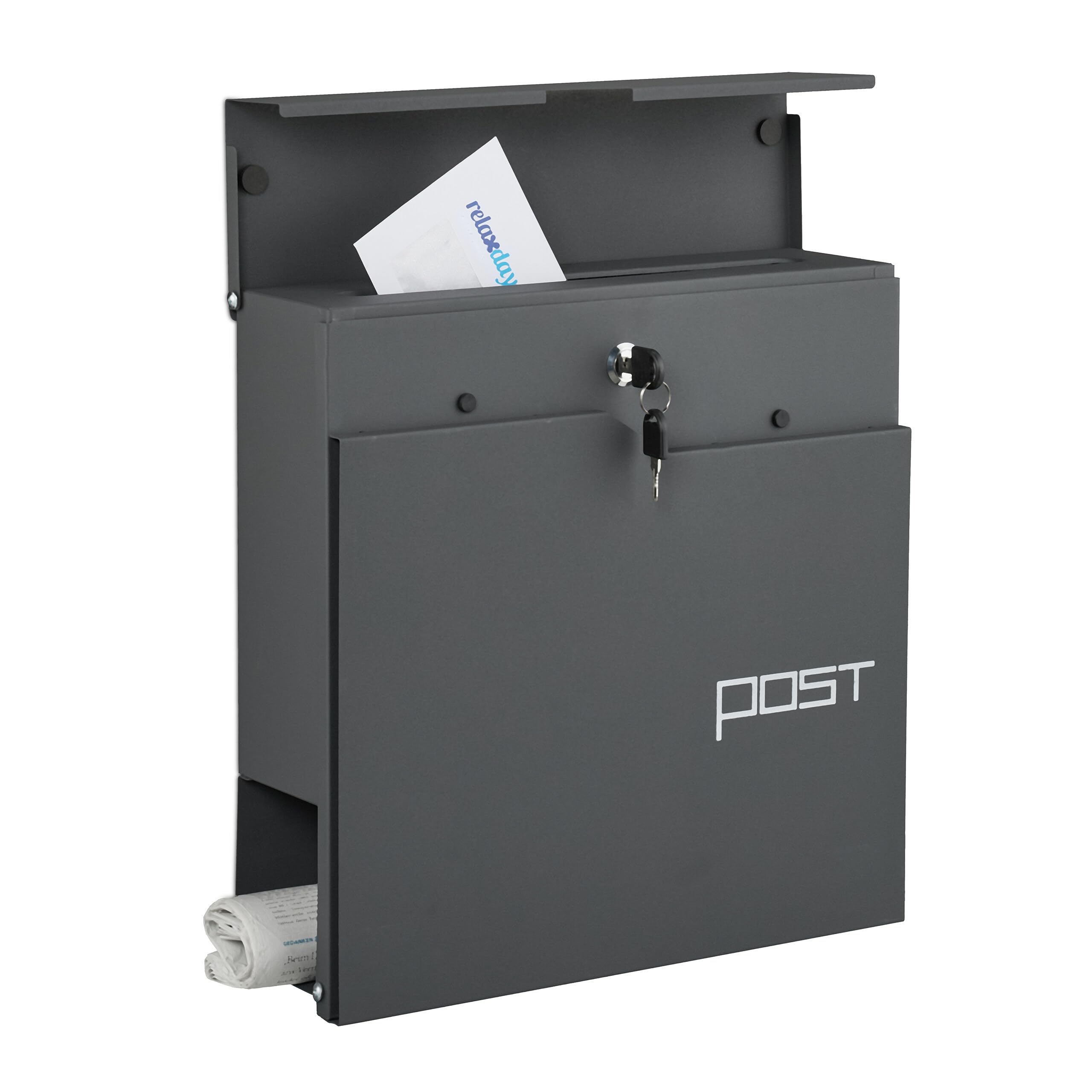 Relaxdays mailbox with modern design, metal, 4 keys, with newspaper tube, HxWxD: approx. 38 x 37 x 12 cm, anthracite