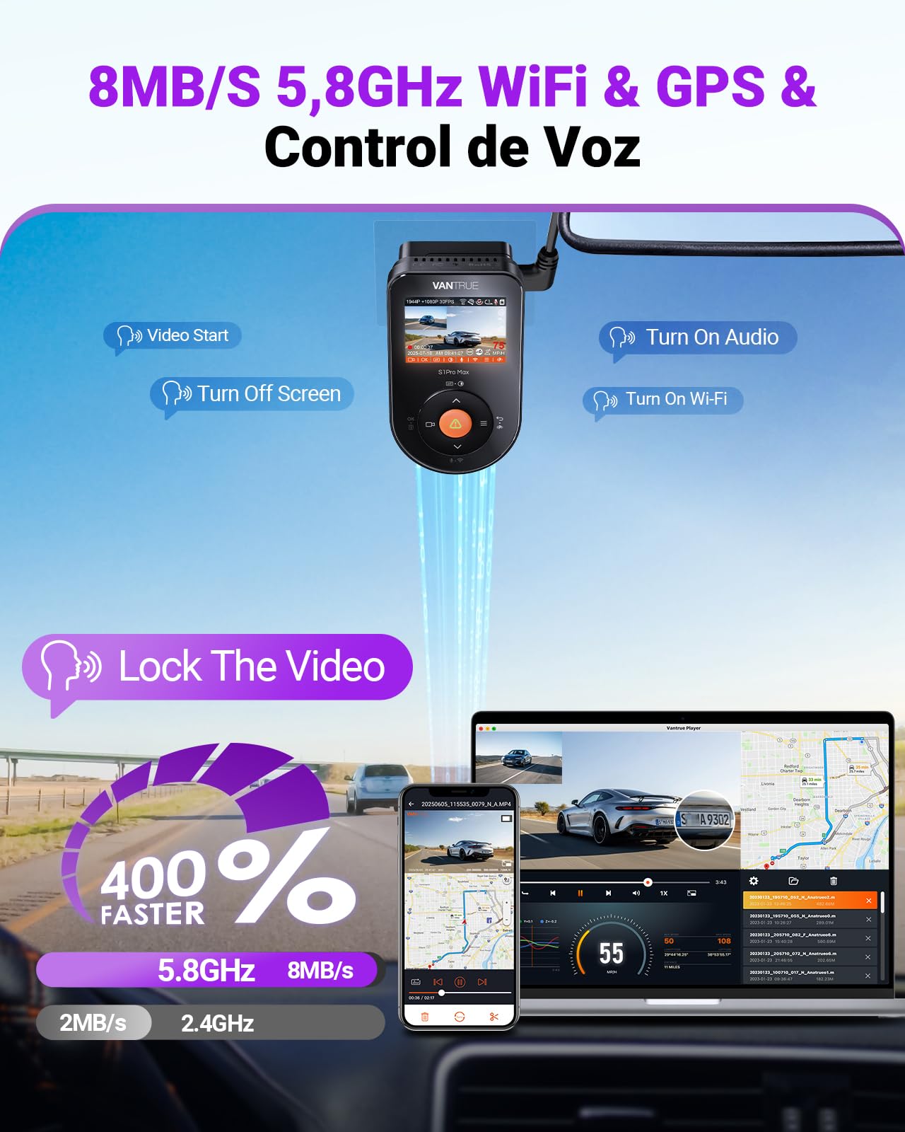 VANTRUE S1 Pro MAX 4K Dashcam Starvis 2, GPS Dash CAM Coche, 155° HDR Monitor con Park Assist, 5G WiFi y LTE Opcional, ADAS Inteligente, Comando de Voz, Modos de Privacidad