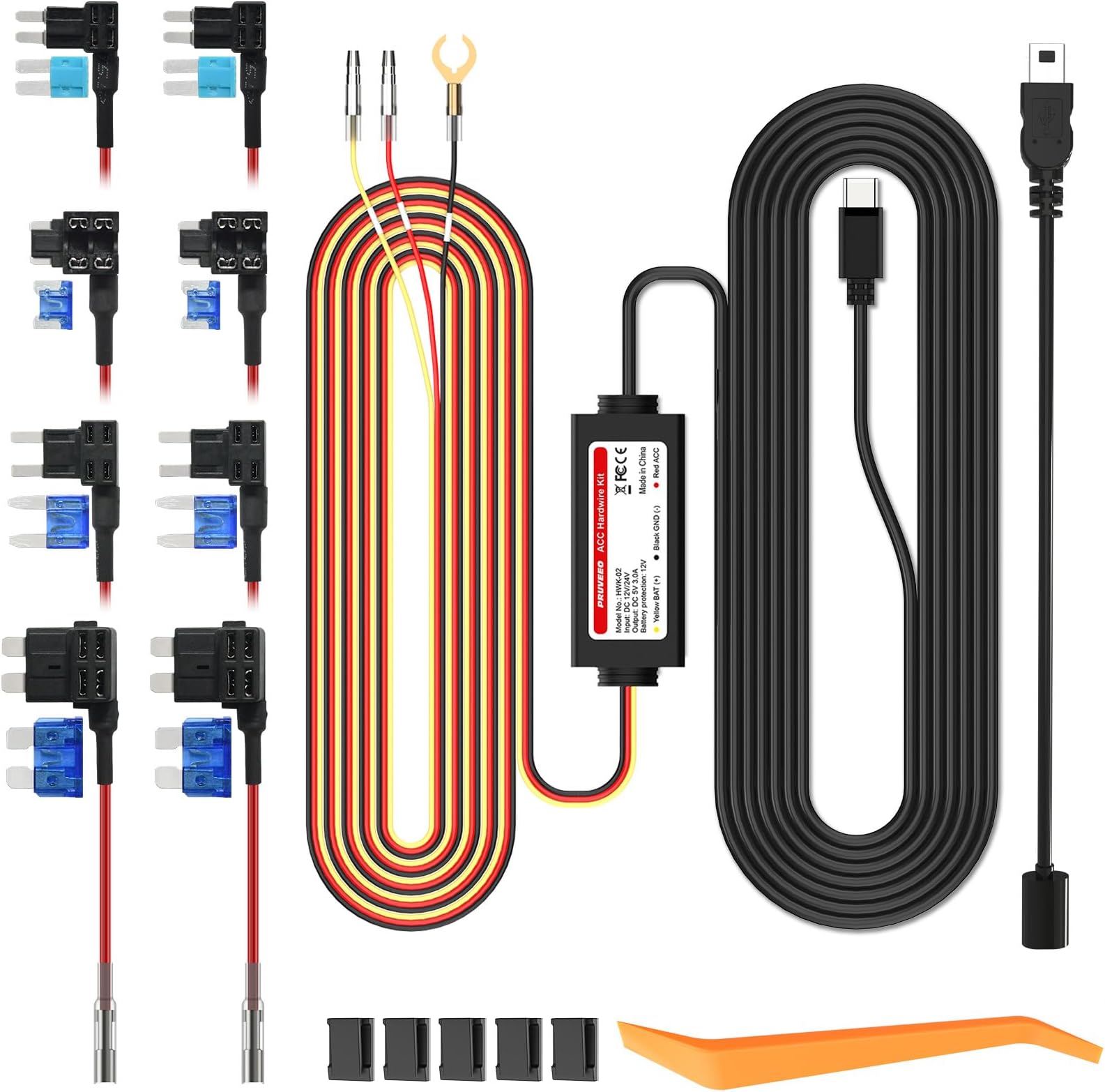 Pruveeo Hard Wire Kit for Dash Cam with 2 Fuse Tap Cable, Mini USB Port, 12V to 5V, DC 12V - 30V Car Charger Cable Kit
