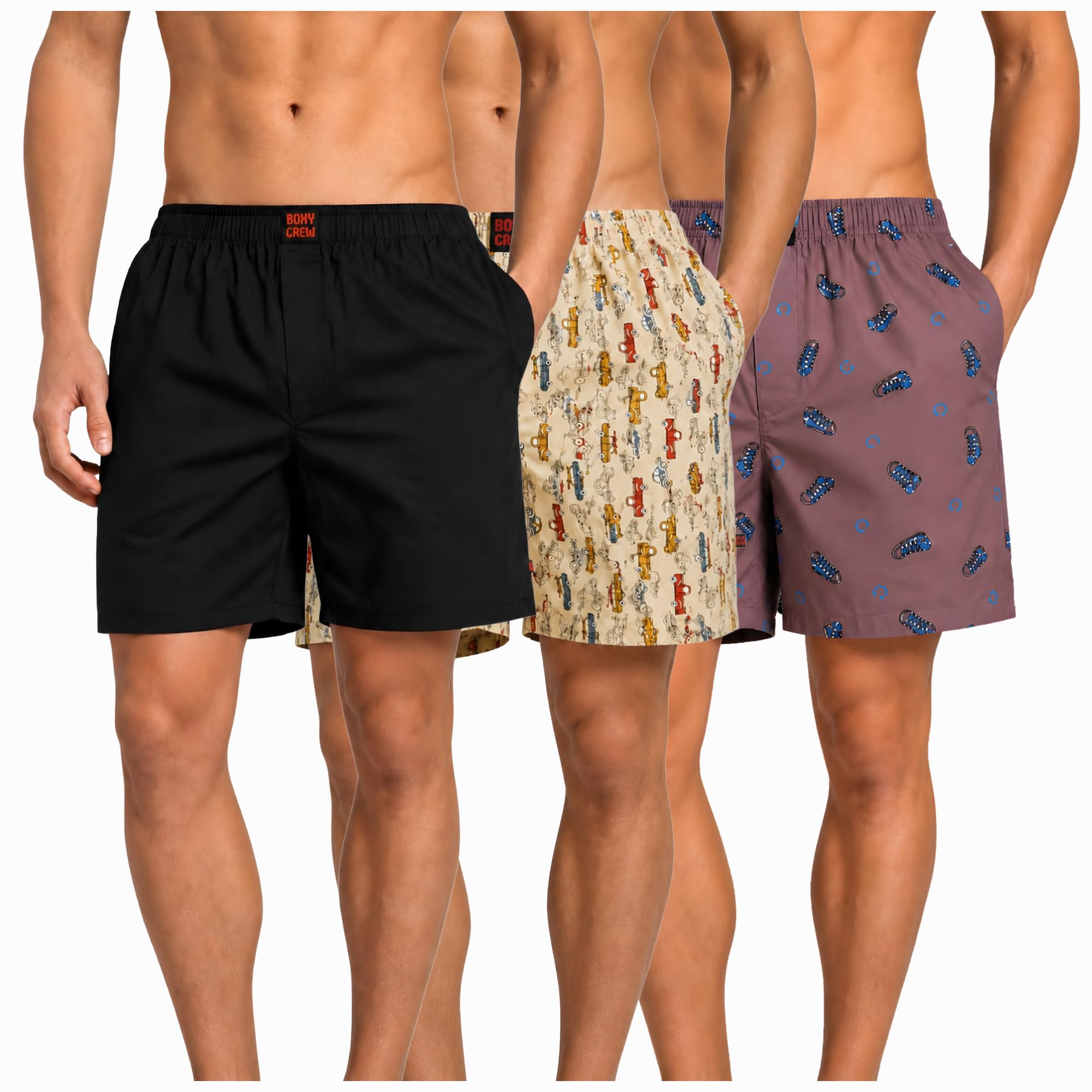 Men's 100% Cotton Boxer Shorts Pack of 3, Black, Beige & Mauve | Woven Boxers with Side Pockets, No-Marks Elastic Waistband, Breathable Relaxed Fit | Style 001-013-015-picture-23