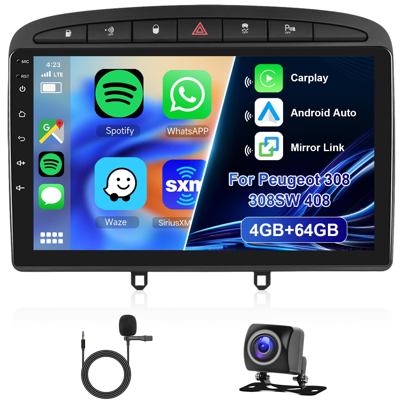 Hikity 8 Core 4GB+64GB Android 15 Autoradio per Peugeot 308/408 2007-2013 CarPlay Android Auto Senza Fili Bluetooth 9 Radio Auto Schermo con Navi Telecamera Posteriore