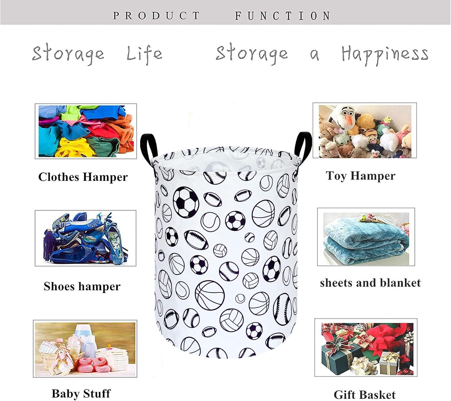 Kids Laundry Hamper Clothes Gift Basket Storage Laundry Baskets Organizer Bin with Handles for Nursery Room (Sports ball)