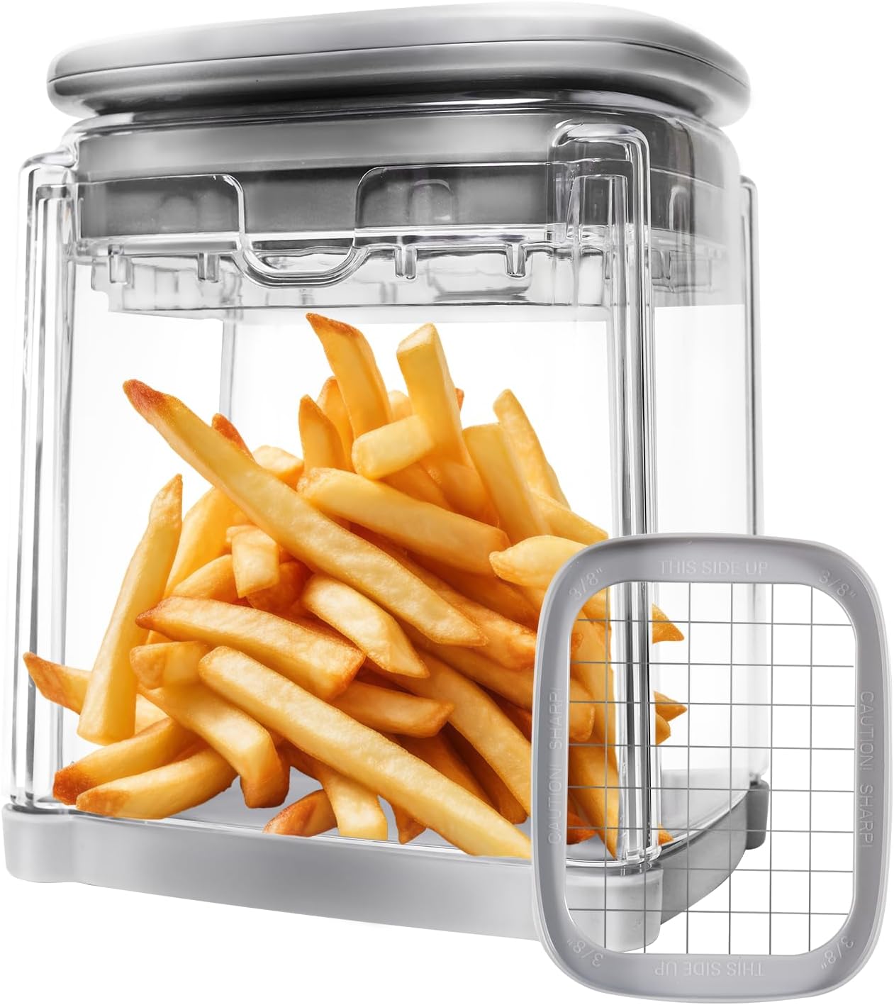 4-in-1 French Fry Cutter Potato Slicer with Container Manual Vegetable Chopper with 4 Blades Potato Cutter for Fries Apple Slicer & Onion Dicer