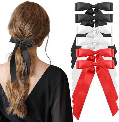 6PCS Silky Satin Hair Bows Hair Clip,Black Red Hair Ribbon,Hair Bows for Women,Girls Bows and Hair Accessories,Christmas Hair Bows,Decorative Hair Clips,Black Red Ribbon for Hair