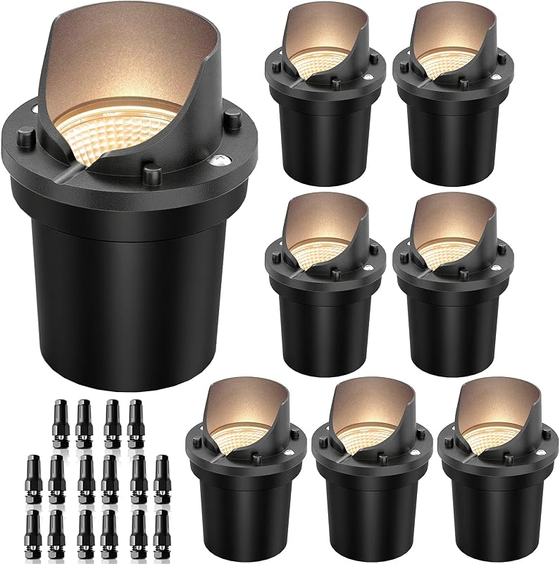 8 Pack 12W LED Low Voltage Landscape Well Lights, 2700K | Anti-Glare In-Ground Lights Die-Cast Aluminum Housing IP67 Waterproof for Garden Yard Walkway, UL Listed Wire
