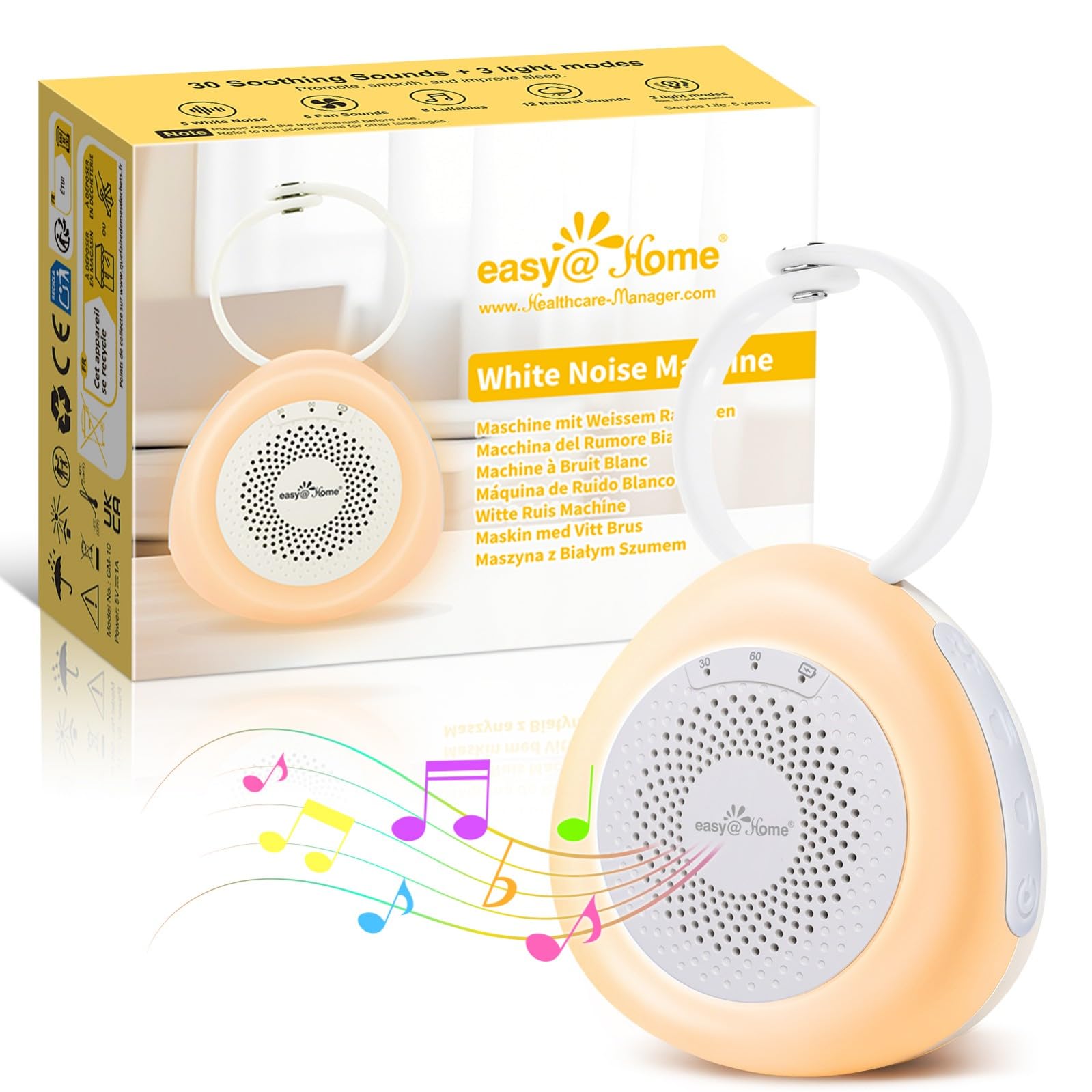 Easy@Home Macchina per Rumori Bianchi Portatile con 30 Suoni Rilassanti, Timer Automatico e Luce Notturna | Ideale per Neonati e Adulti, Generatore di Rumore Bianco per Dormire e Rilassarsi