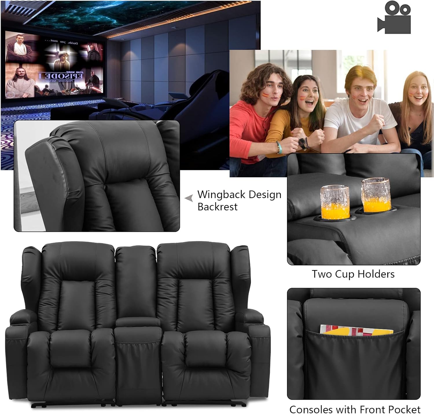 IPKIG 65.3" RV Loveseat Recliner Sofa with Storage Console, Leathaire Fabric Wall Hugger Reclining Chair with Cup Holders and Side Pockets, Home Theater Seating Manual Recliner for Living Room (Black)