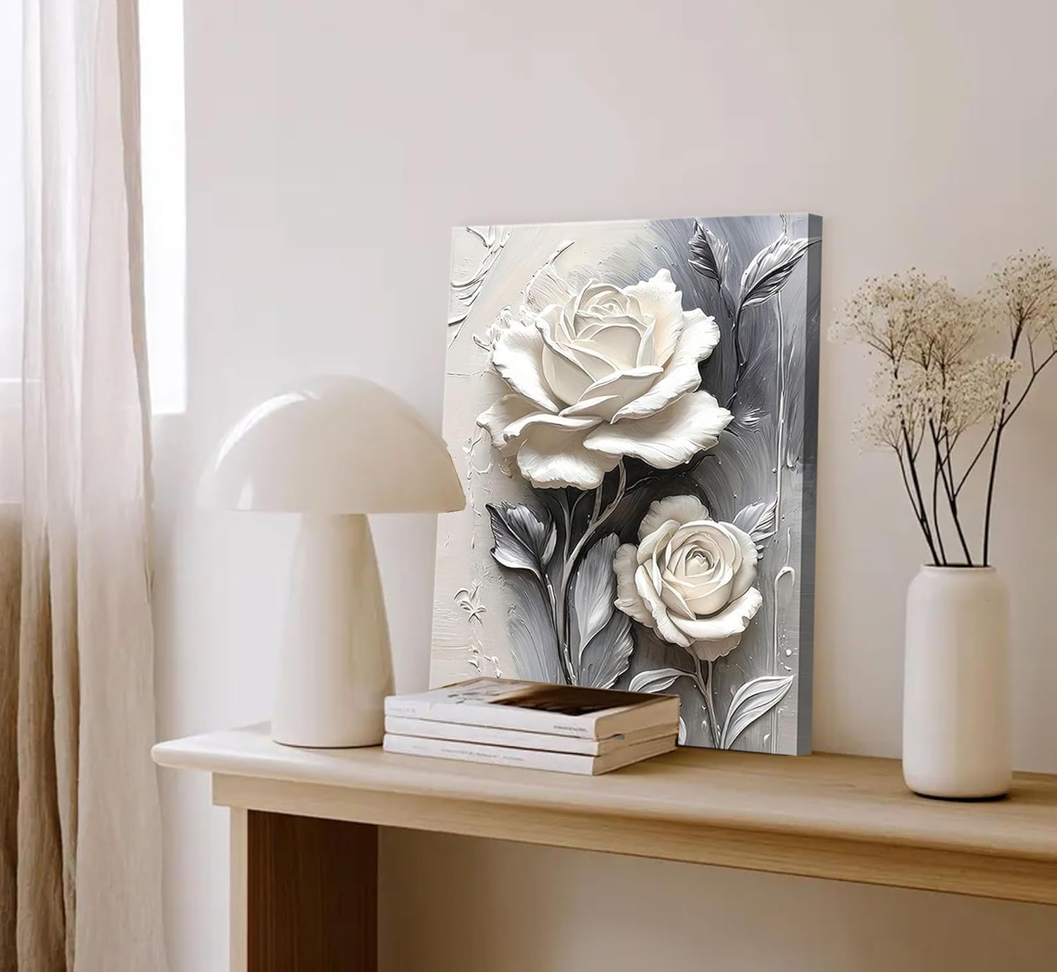 Elegant White Rose Canvas Wall art Modern Abstract Floral Wall Decor Picture White Blooming Flowers Poster Print Painting for Office Living Room Bedroom Bathroom Home Decorate Prepare To Hang - Image 2