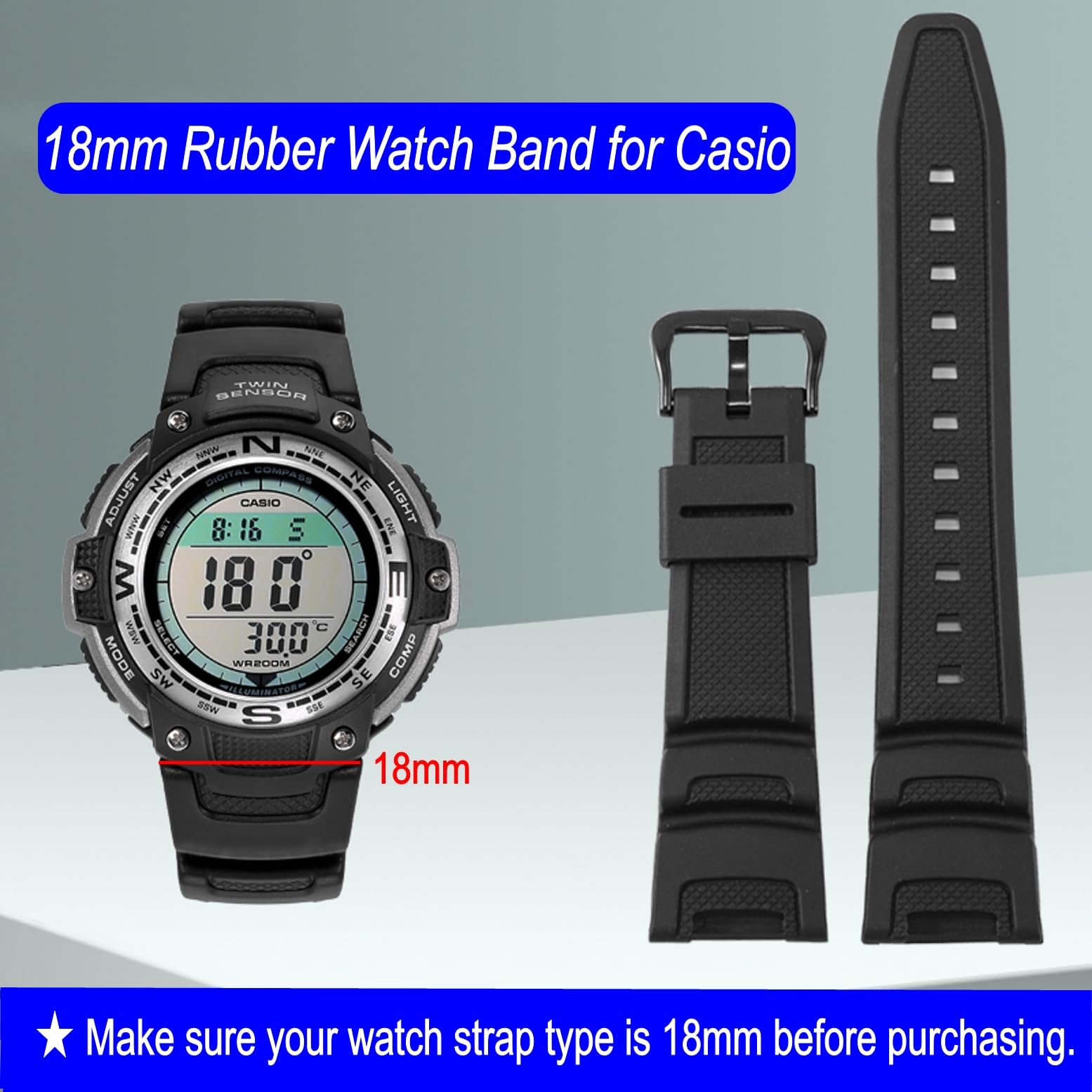 Casio AE-1300 AE-1200 SGW-300H SGW-400H SGW-500H W-218H W-219H MRW-200H Correa repuesto caucho negro 18mm impermeable