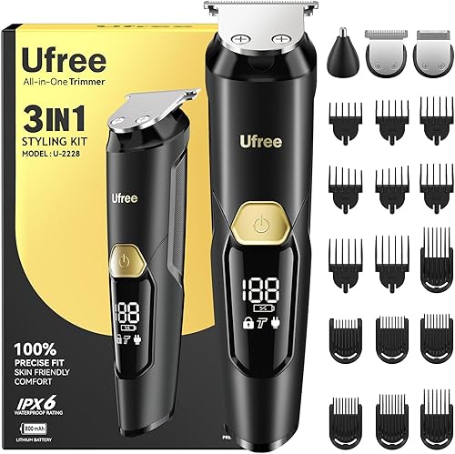 Ufree Kit de recortadora de barba 3 en 1, maquinilla de afeitar eléctrica para bigote, cuerpo y nariz, pelo facial, recortadora de pelo profesional,