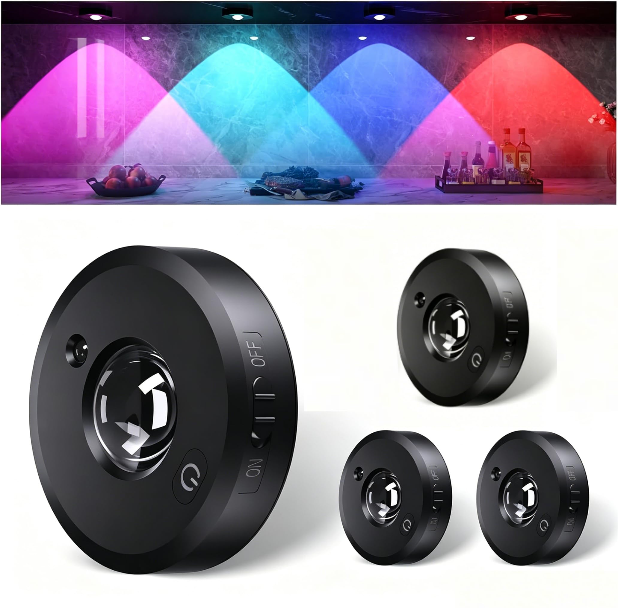 PokeAir 4 Pack RGB LED Puck Lights with Remote Control, Rechargeable Colour Changing Cabinet Lights, 9 Colours & Dimmable, Magnetic/Stick on Lights for Wardrobe, Bedroom, Gaming Room, Shelves, Black