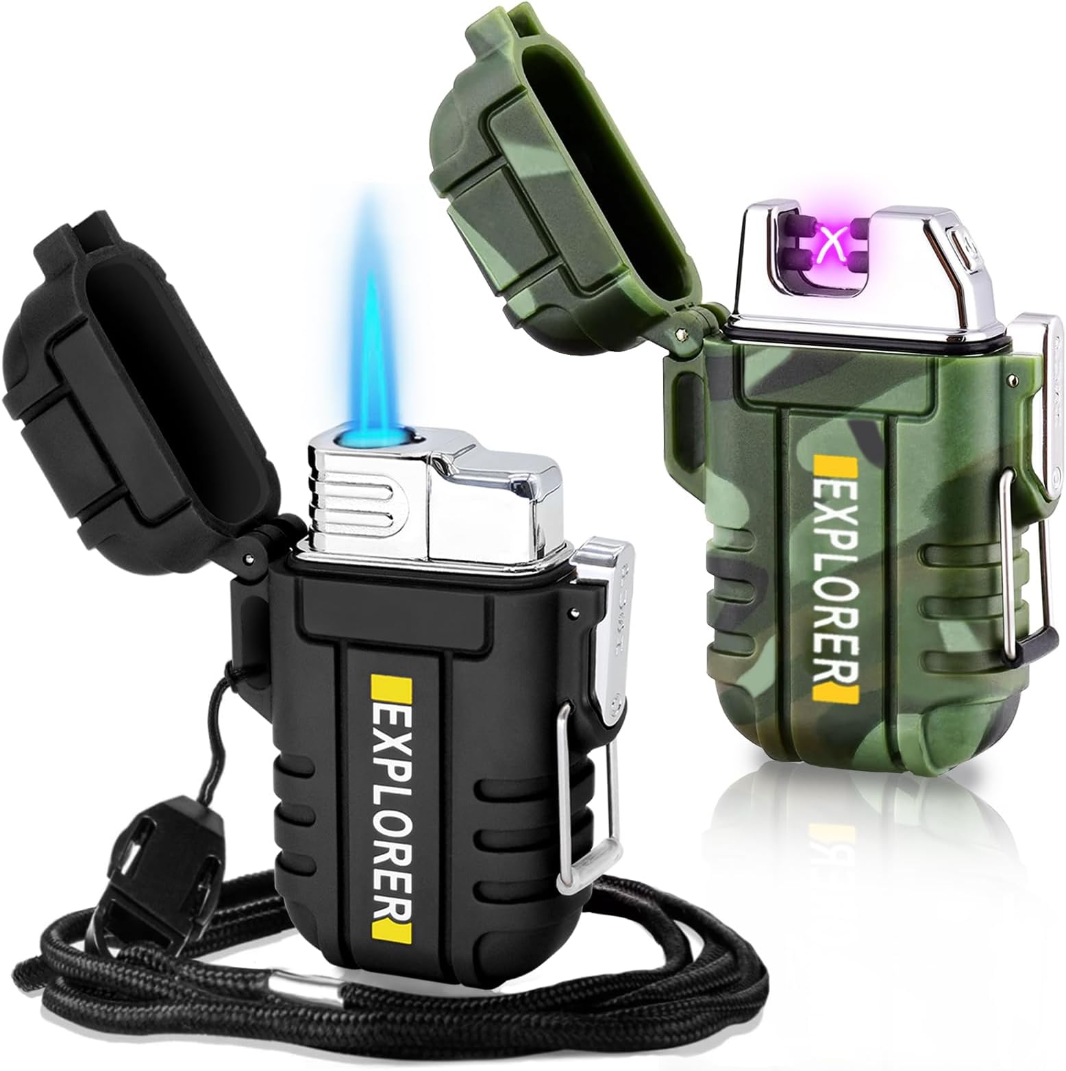 Laffizz 2 Pack Waterproof Lighter Outdoor Windproof Torch Lighter Dual Arc Lighter Butane Electric Lighter USB Rechargeable Lighter Flameless Plasma Lighter