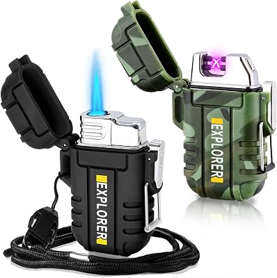 2 Pack Waterproof Lighter Outdoor Windproof Torch Lighters Dual Arc Butane Electric Lighters USB Rechargeable Lighters Flameless Plasma Lighter Camping Hiking Adventure Survival Tactical Gear