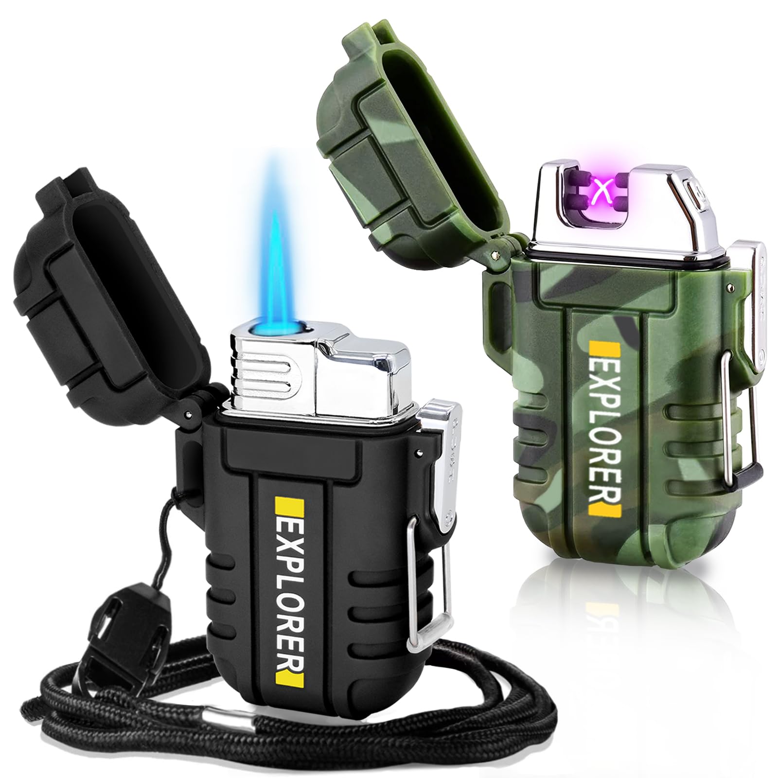 2 Pack Waterproof Lighter Outdoor Windproof Torch Lighters Dual Arc Butane Electric Lighters USB Rechargeable Lighters Flameless Plasma Lighter Camping Hiking Adventure Survival Tactical Gear
