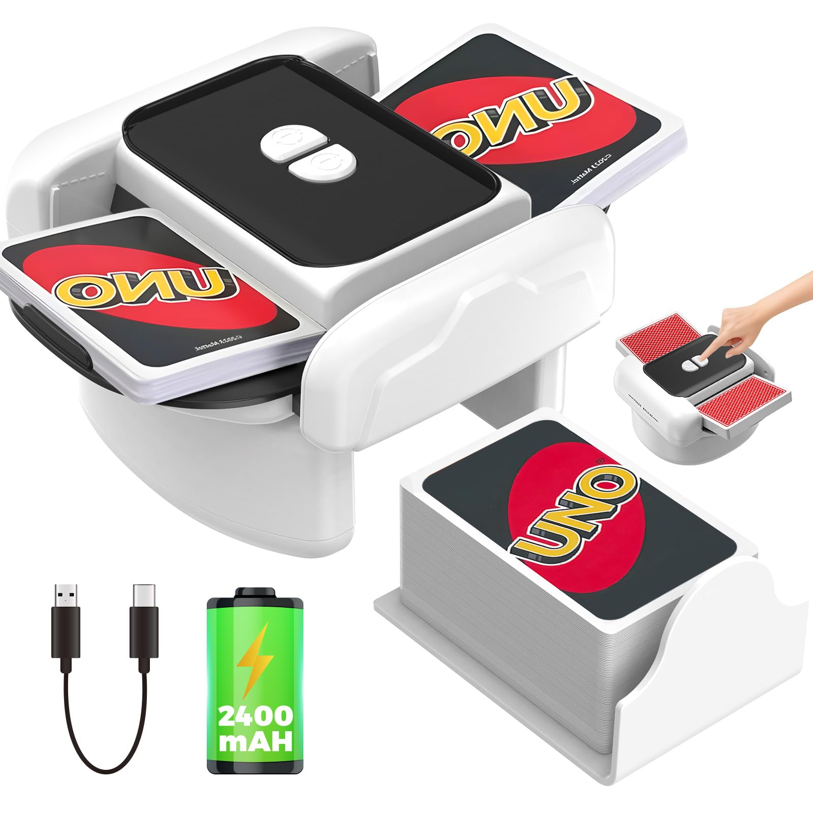 Automatischer Kartenmischer, 2 Laufmodi, Aufladbar mit Langzeit-Batterie, Geräuschlos, für UNO, Poker, Black Jack Karten, Schwarz (Schwarz & Weiß)