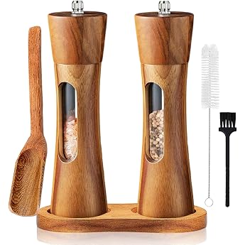 Salt and Pepper Mill Wooden Set Manual Pepper Mill Ceramic Grinder Spice Mill Salt Mill with Saucer Adjustable for Spices Pepper Salt Set of 2 20 cm