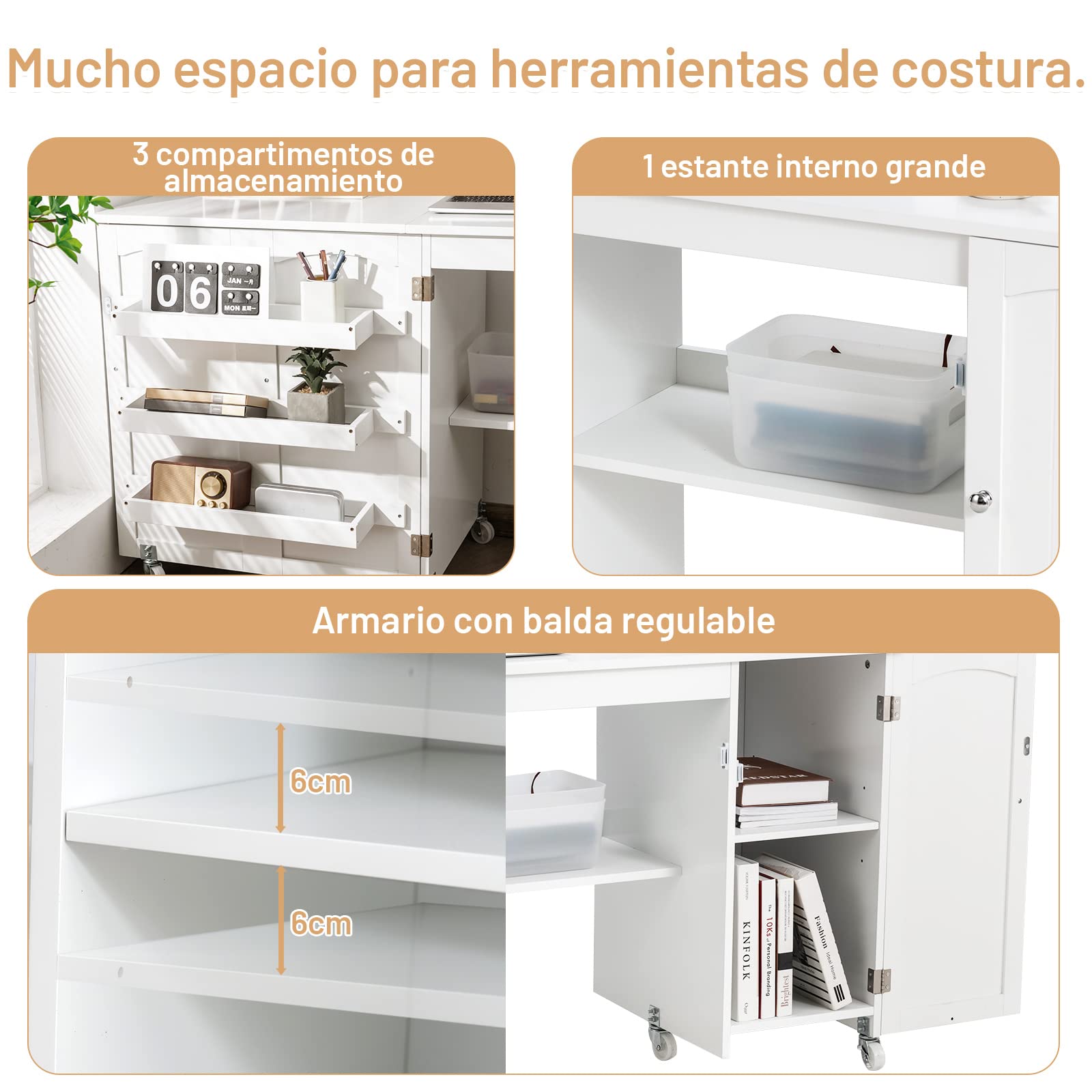 COSTWAY Mesa Plegable de Costura, Mesa versátil abatible para Manualidades con Superficie Amplia repisas y Armario con Puerta, Ruedas bloqueables (Blanco Grande)