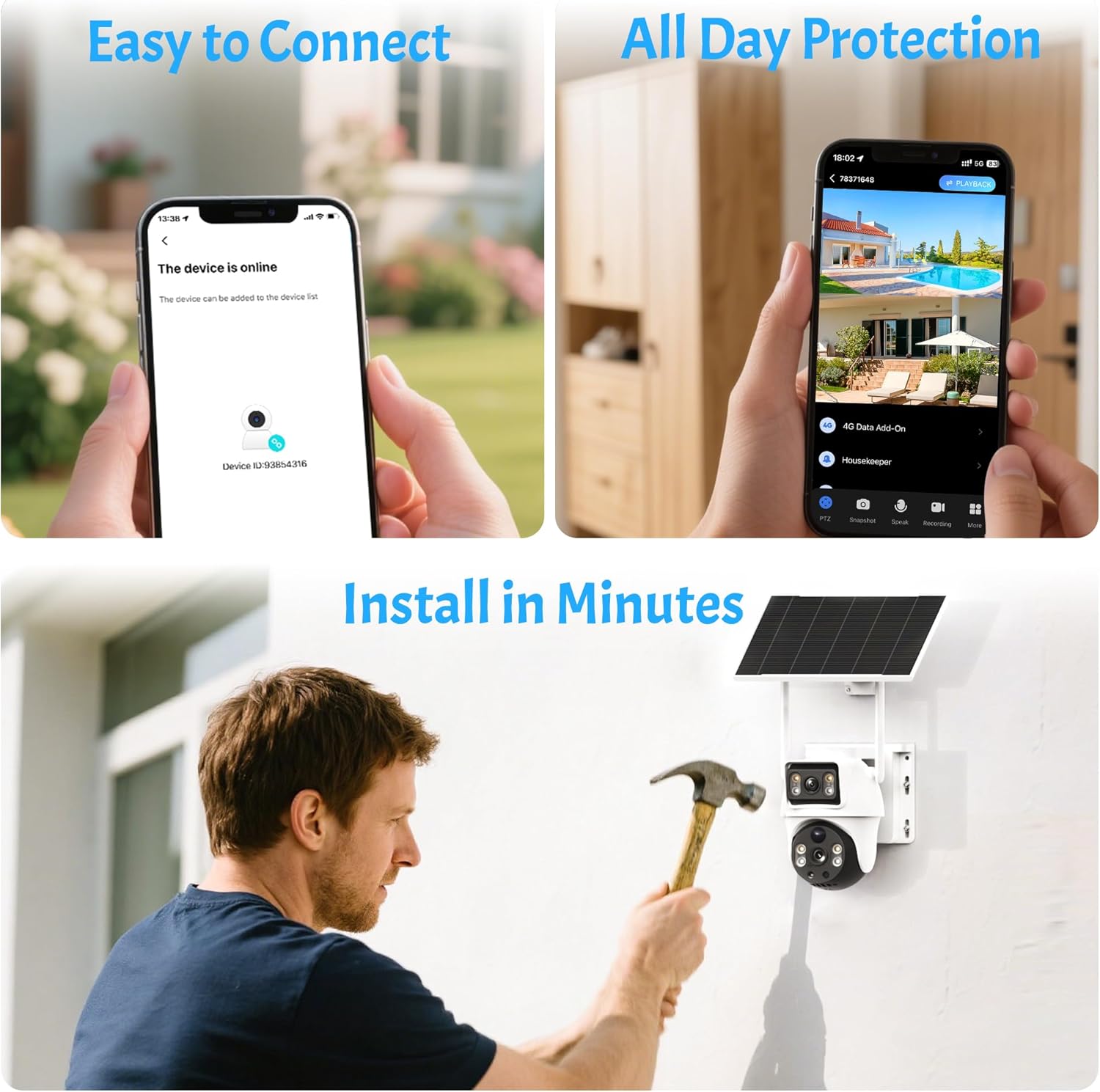 Diagram showing easy installation steps and app connection process