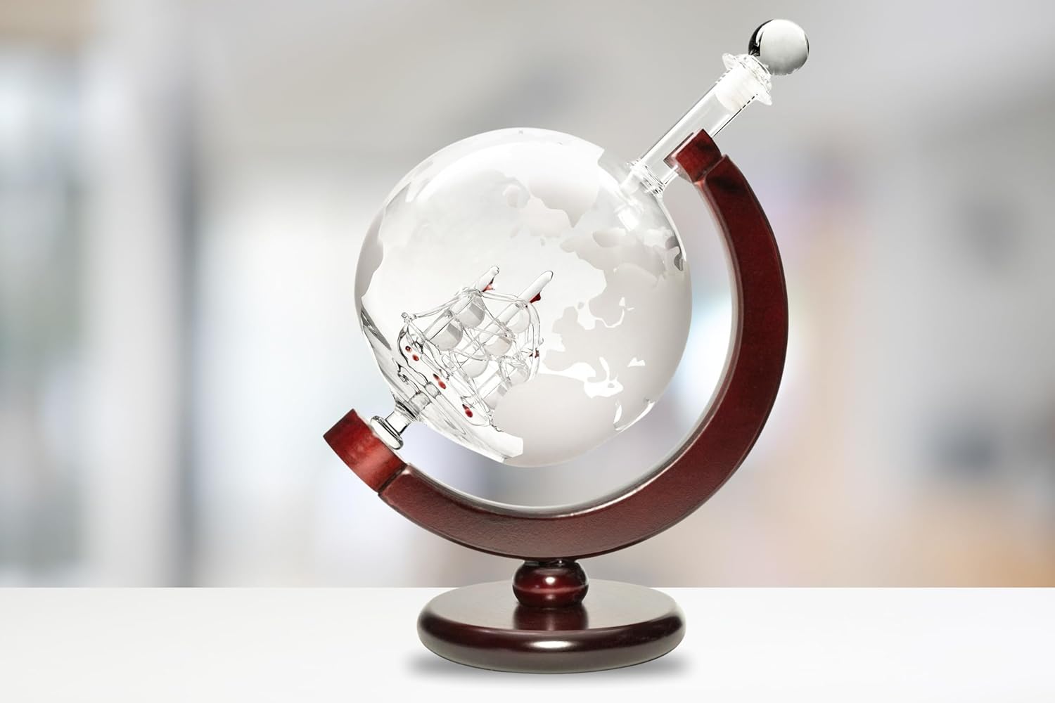 Large Globe Decanter Set – 50 Ounce Globe Whiskey Decanter with Wooden Stand, 2 Etched Globe Whiskey Glasses, and Funnel – Elegant Liquor Dispenser for Spirits