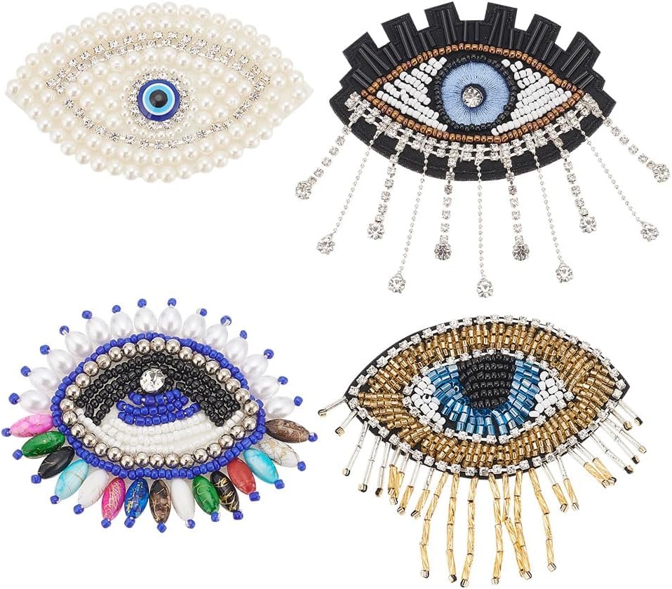 INFUNLY 4PCS Evil Eye Tassel Rhinestone Applique Colorful Evil Eye Sew ...